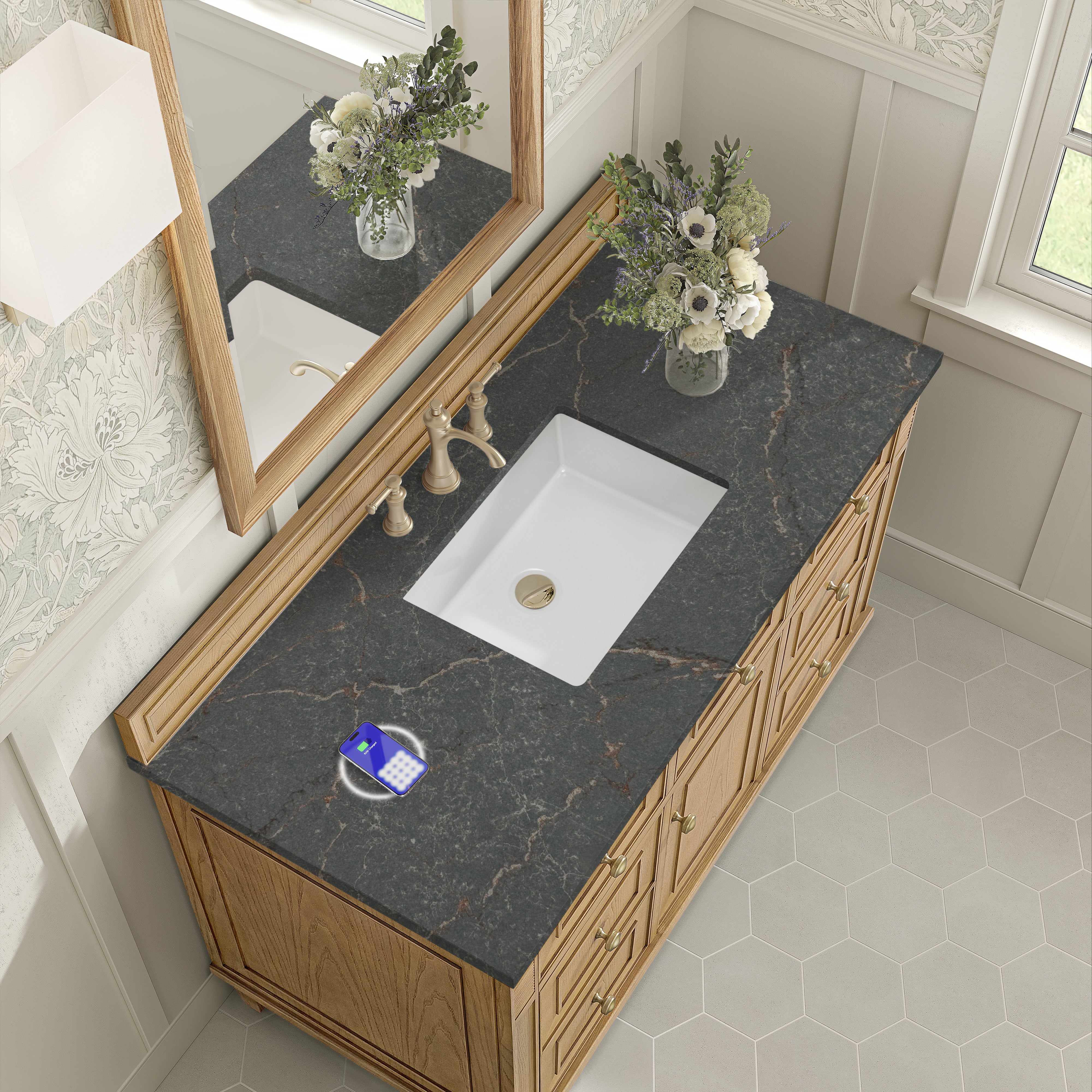 James Martin Lorelai 48" Single Vanity in Light Natural Oak with 3cm Countertop and FreePower Wireless Charger