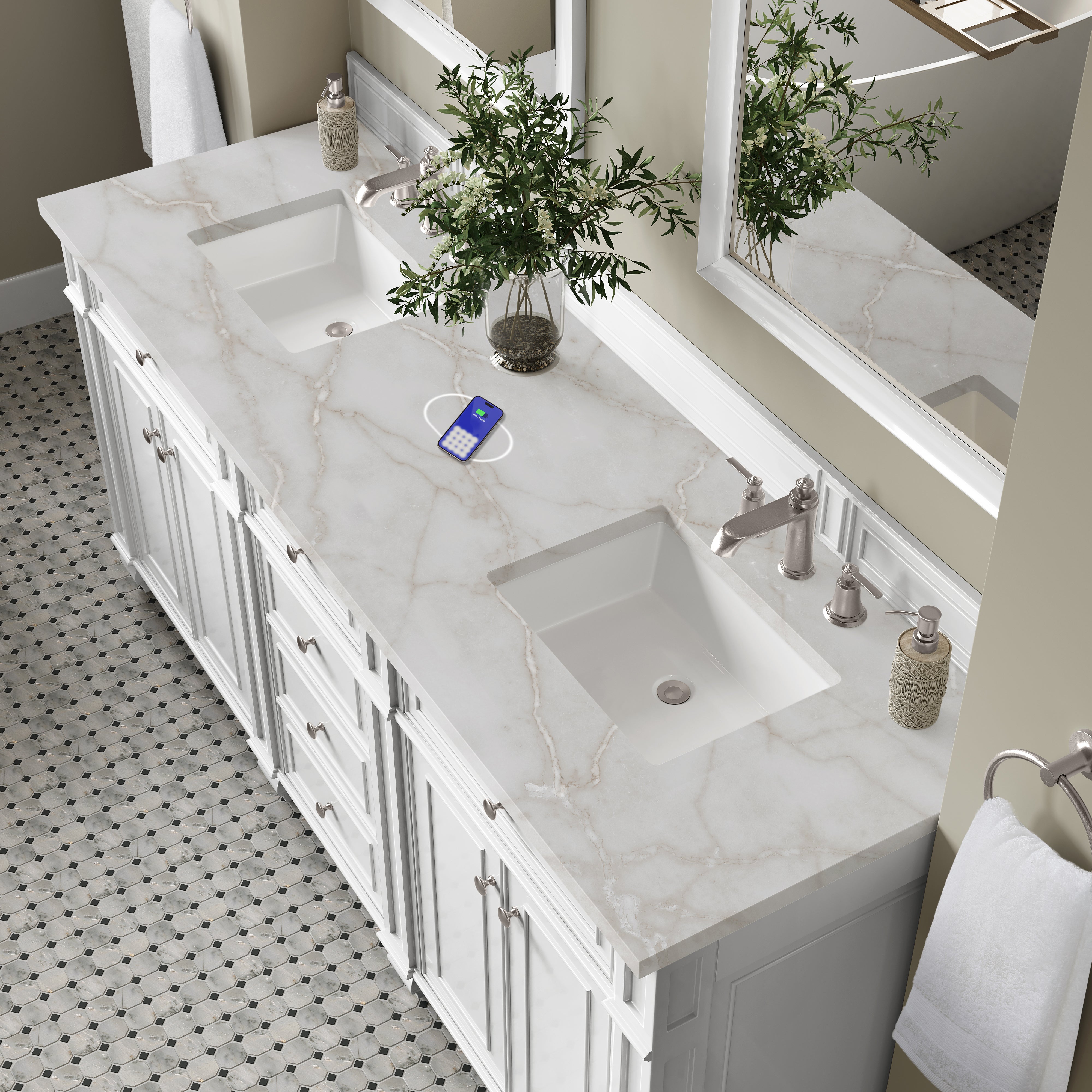 James Martin Bristol 72" Double Vanity in Bright White with 3cm Countertop and FreePower Wireless Charger