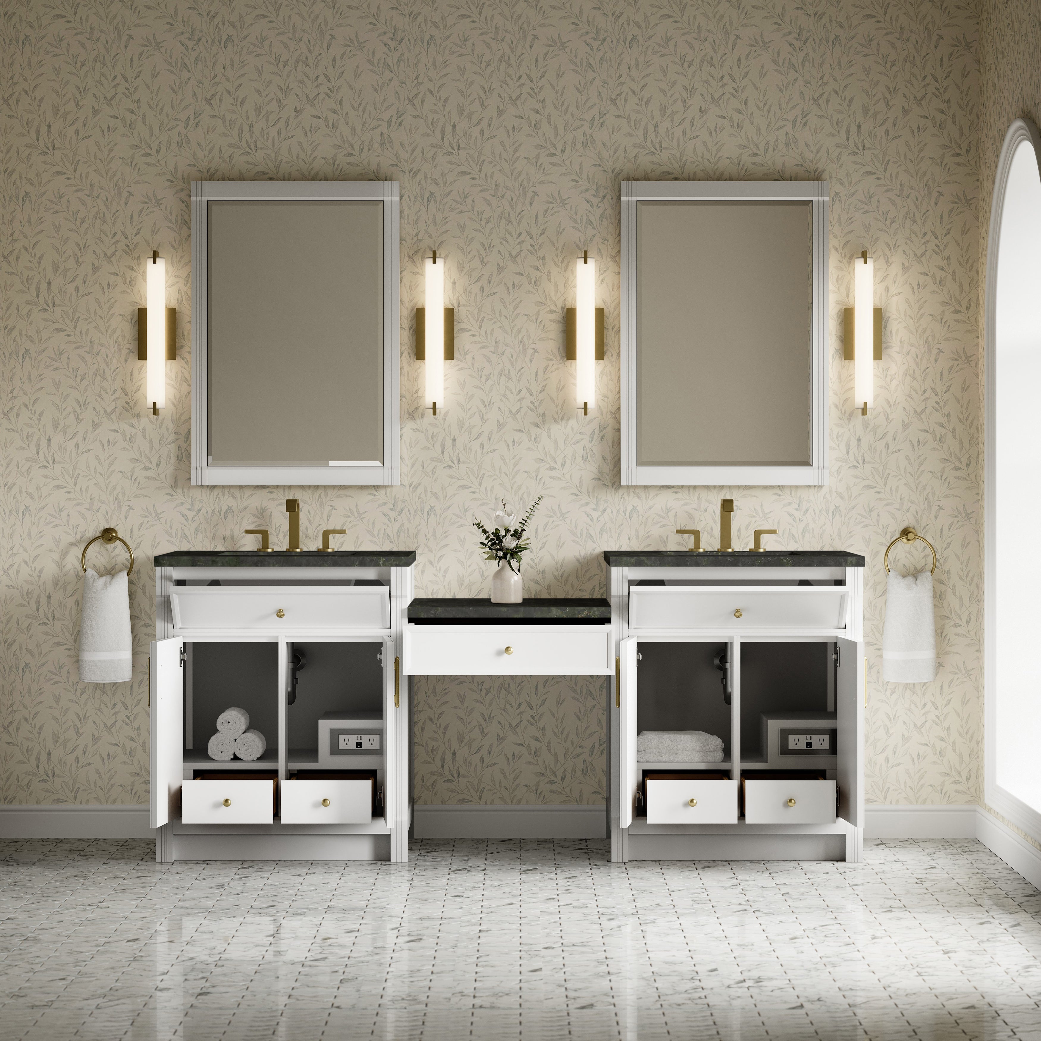 James Martin Bellshire 84" Dual Vanity Set with 24" Make-Up Counter in Bright White with 3cm Countertop