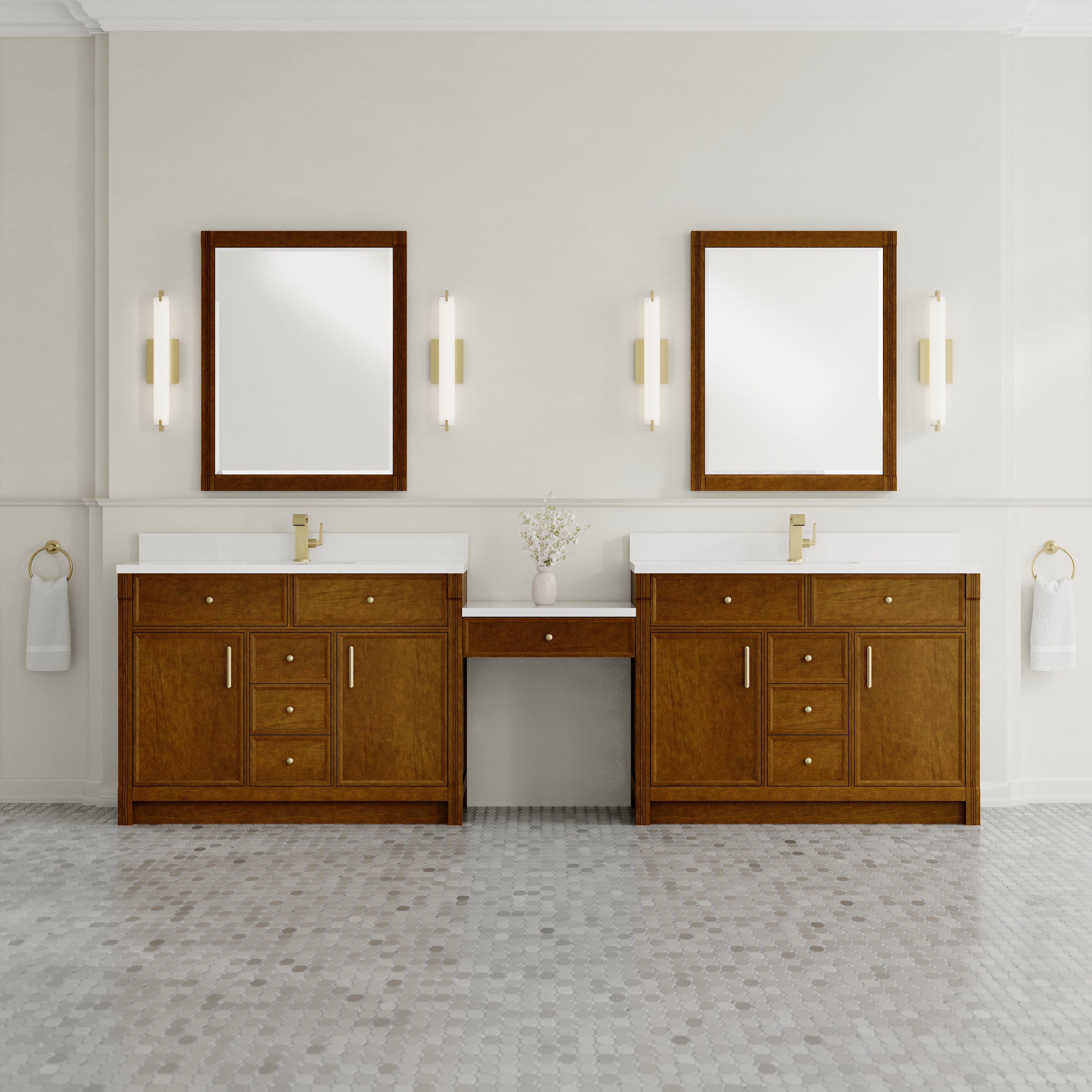James Martin Bellshire 120" Dual Vanity Set with 24" Make-Up Counter in Honey Oak with 3cm Countertop