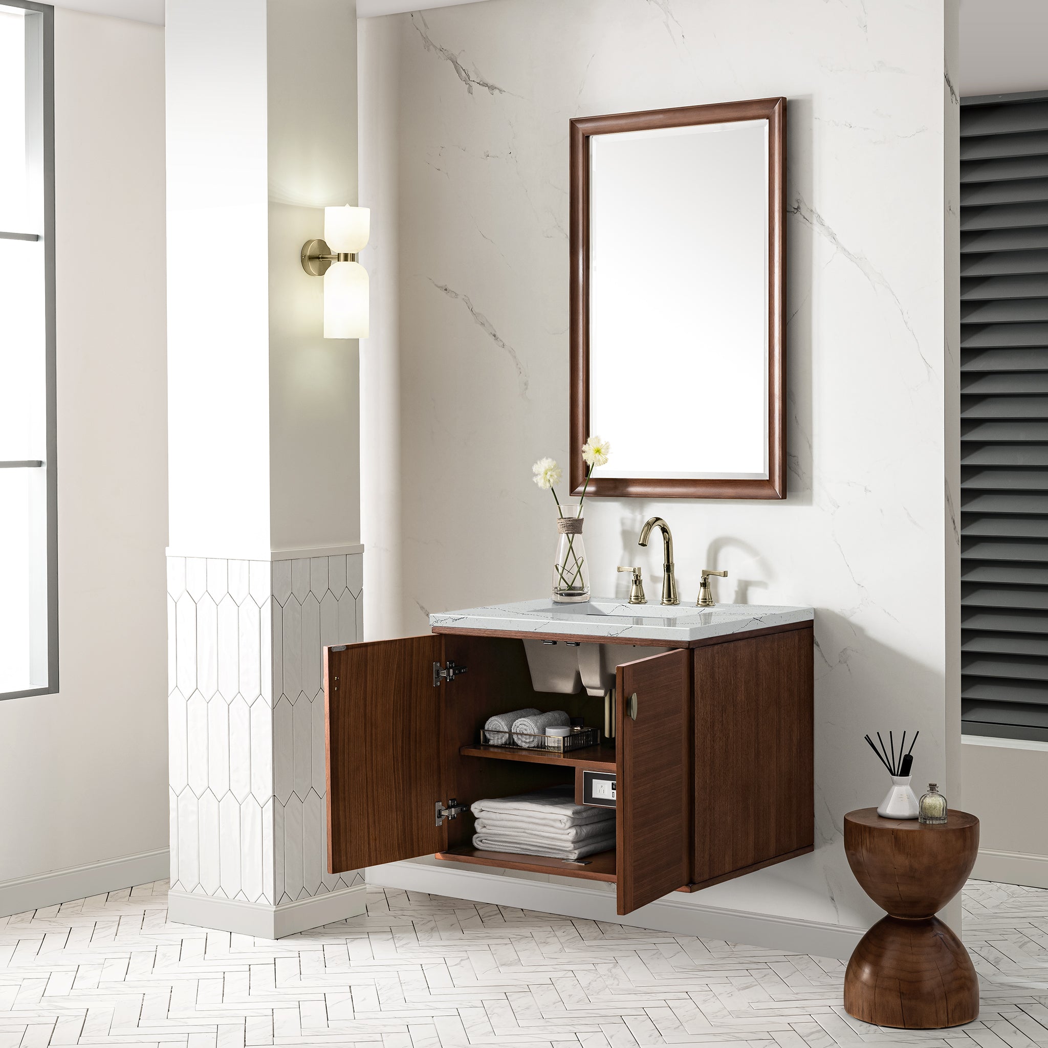 James Martin Amberly 30" Single Vanity in Mid-Century Walnut with 3cm Countertop