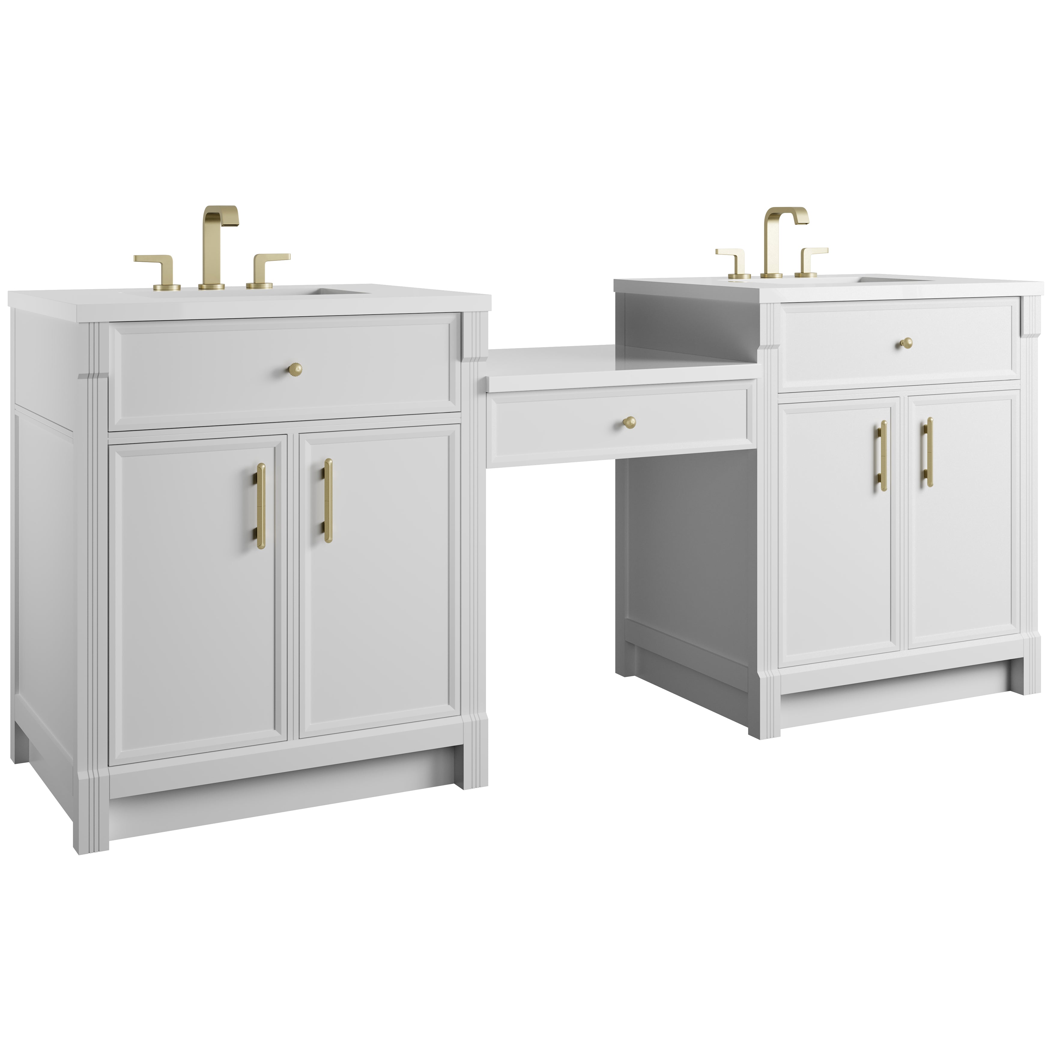 James Martin Bellshire 84" Dual Vanity Set with 24" Make-Up Counter in Bright White with 3cm Countertop