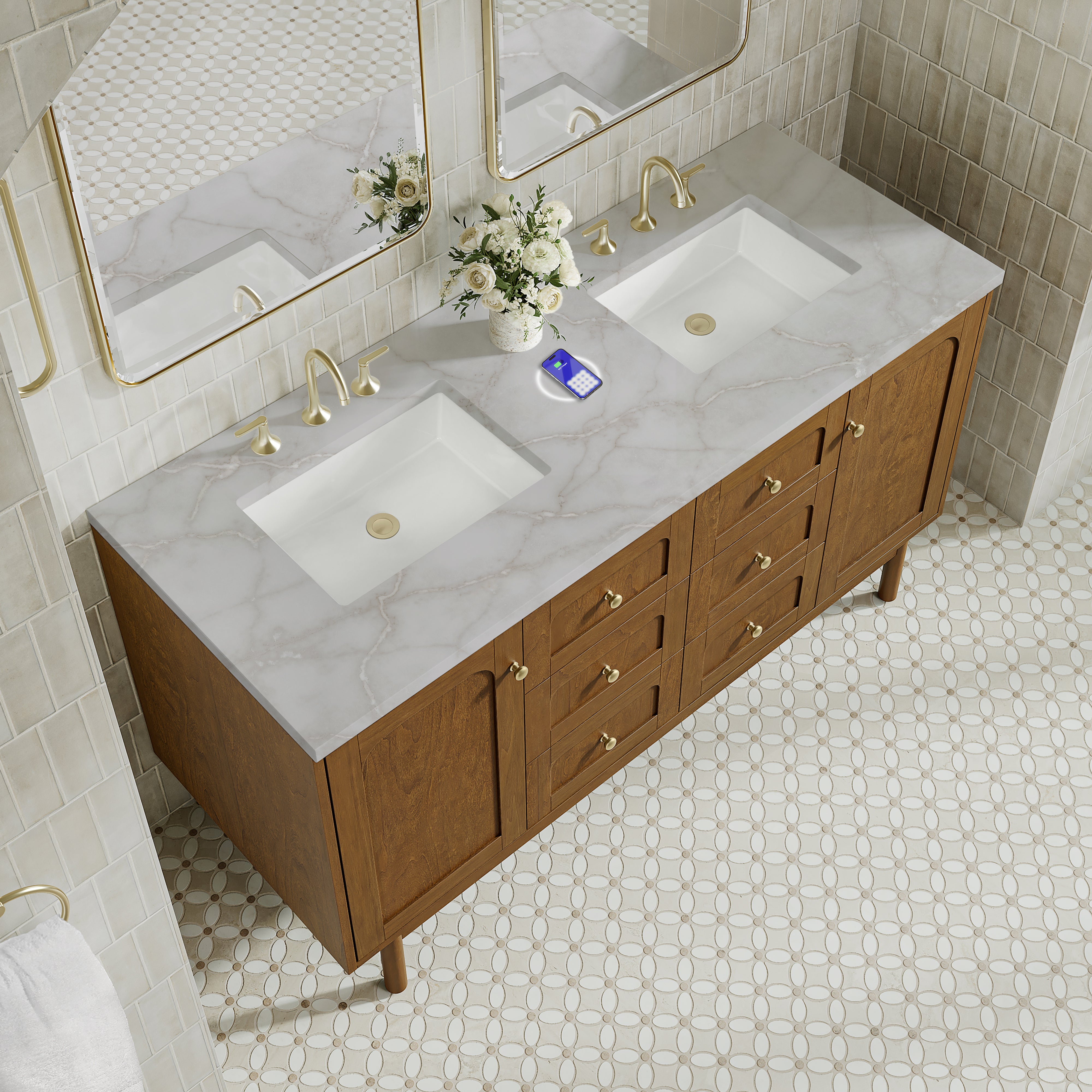 James Martin Laurent 60" Double Vanity in Honey Oak with 3cm Countertop and FreePower Wireless Charger