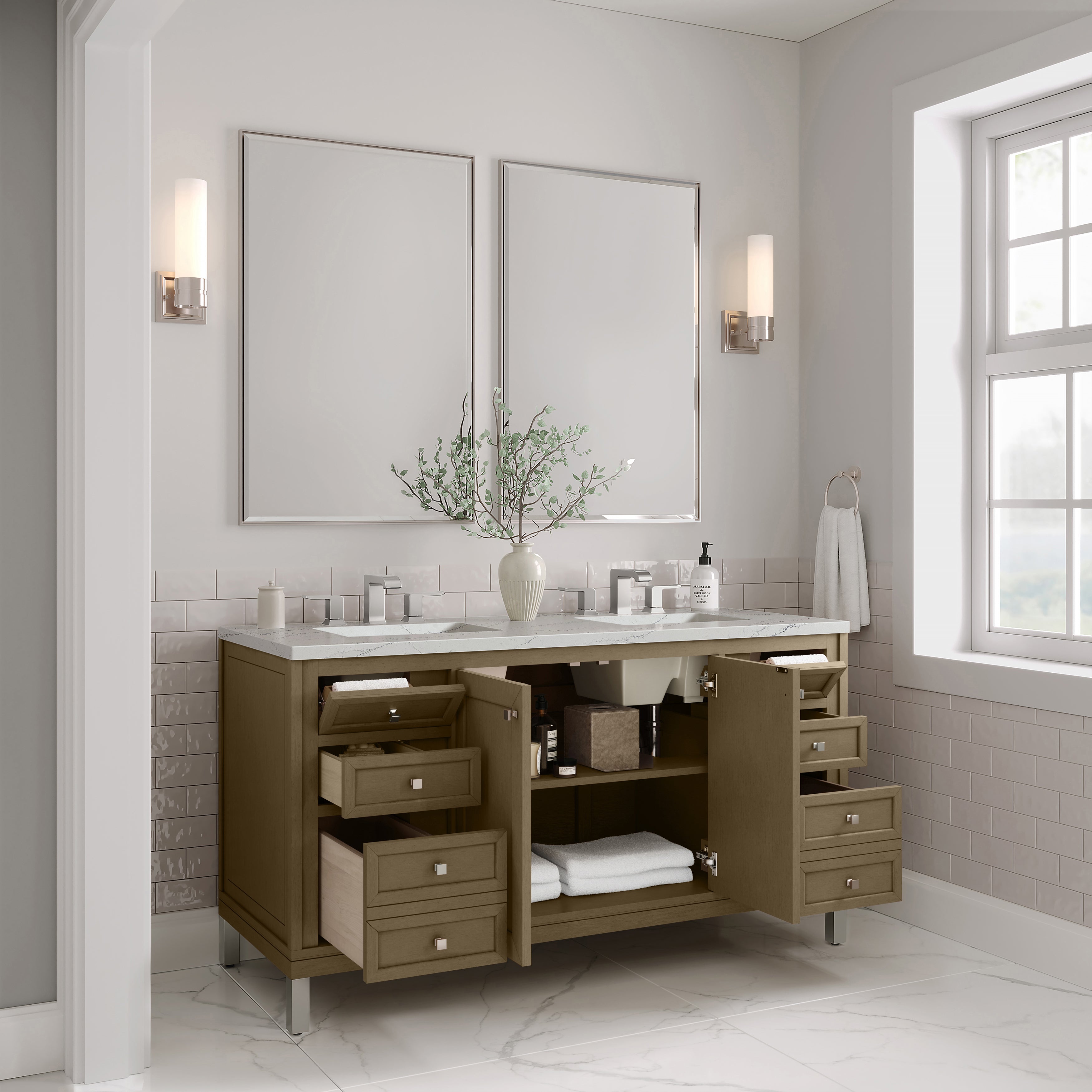 James Martin Chicago 60" Double Vanity in Walnut Whisper with 3cm Countertop and FreePower Wireless Charger
