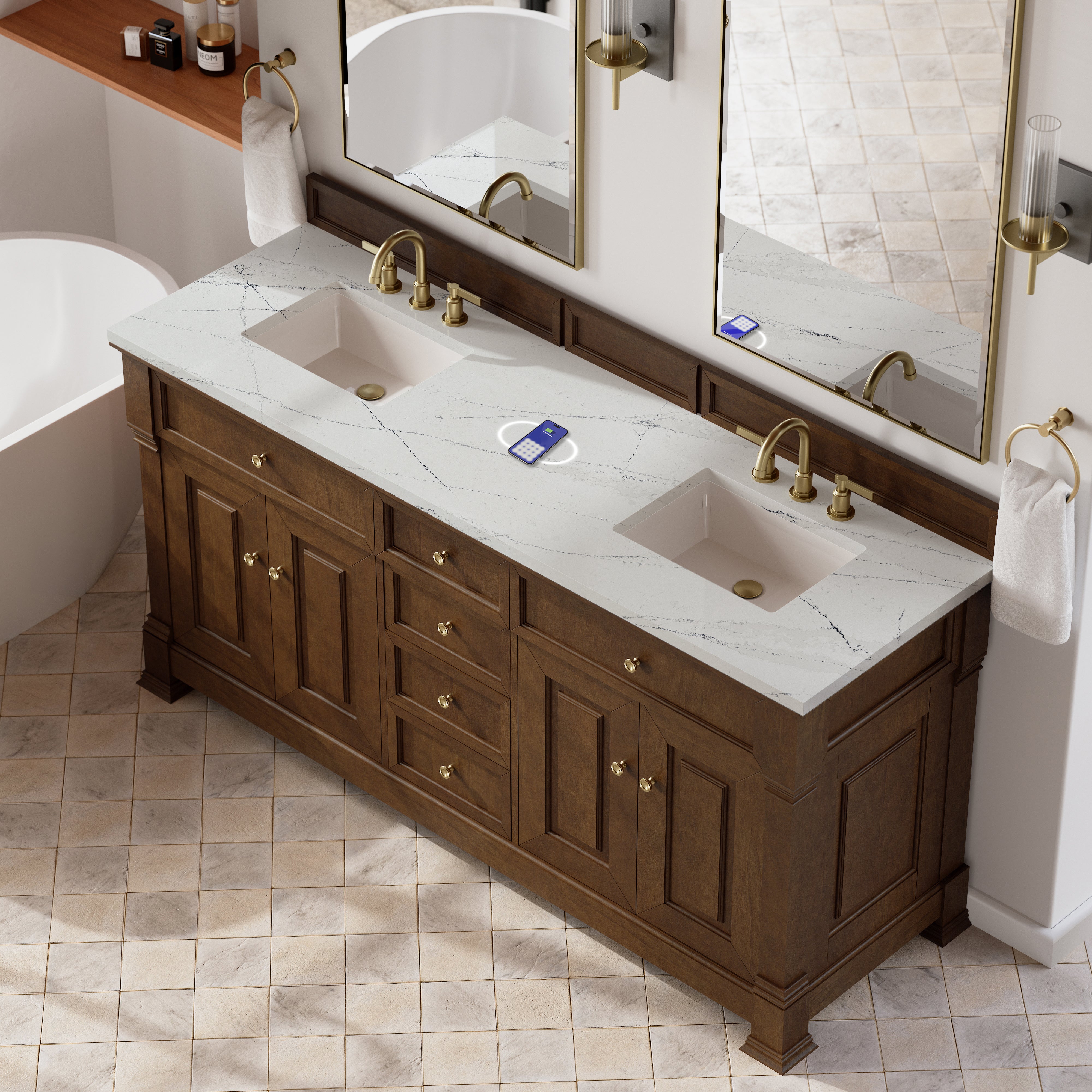 James Martin Brookfield 72" Double Vanity in Honey Oak with 3cm Countertop and FreePower Wireless Charger