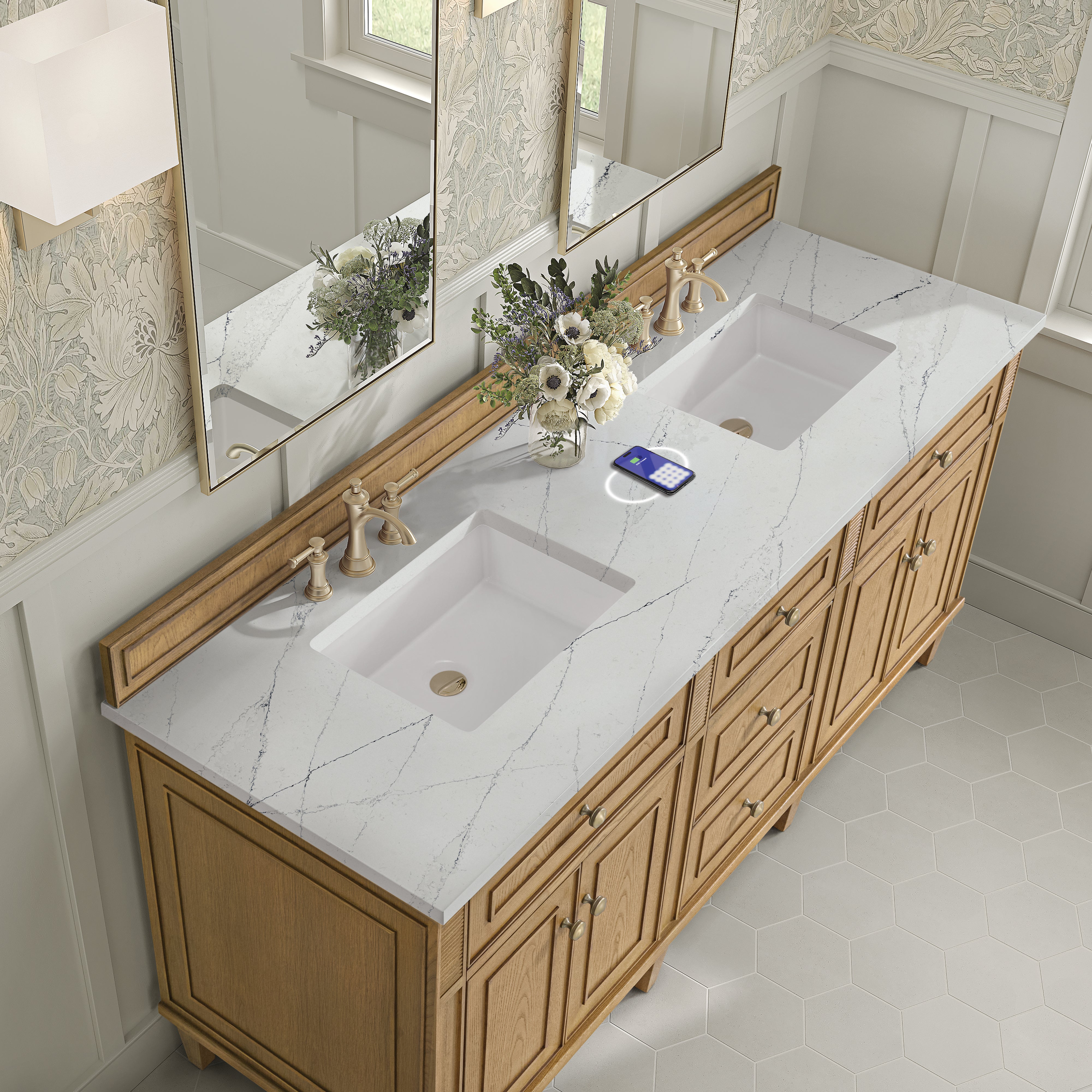 James Martin Lorelai 72" Double Vanity in Light Natural Oak with 3cm Countertop and FreePower Wireless Charger