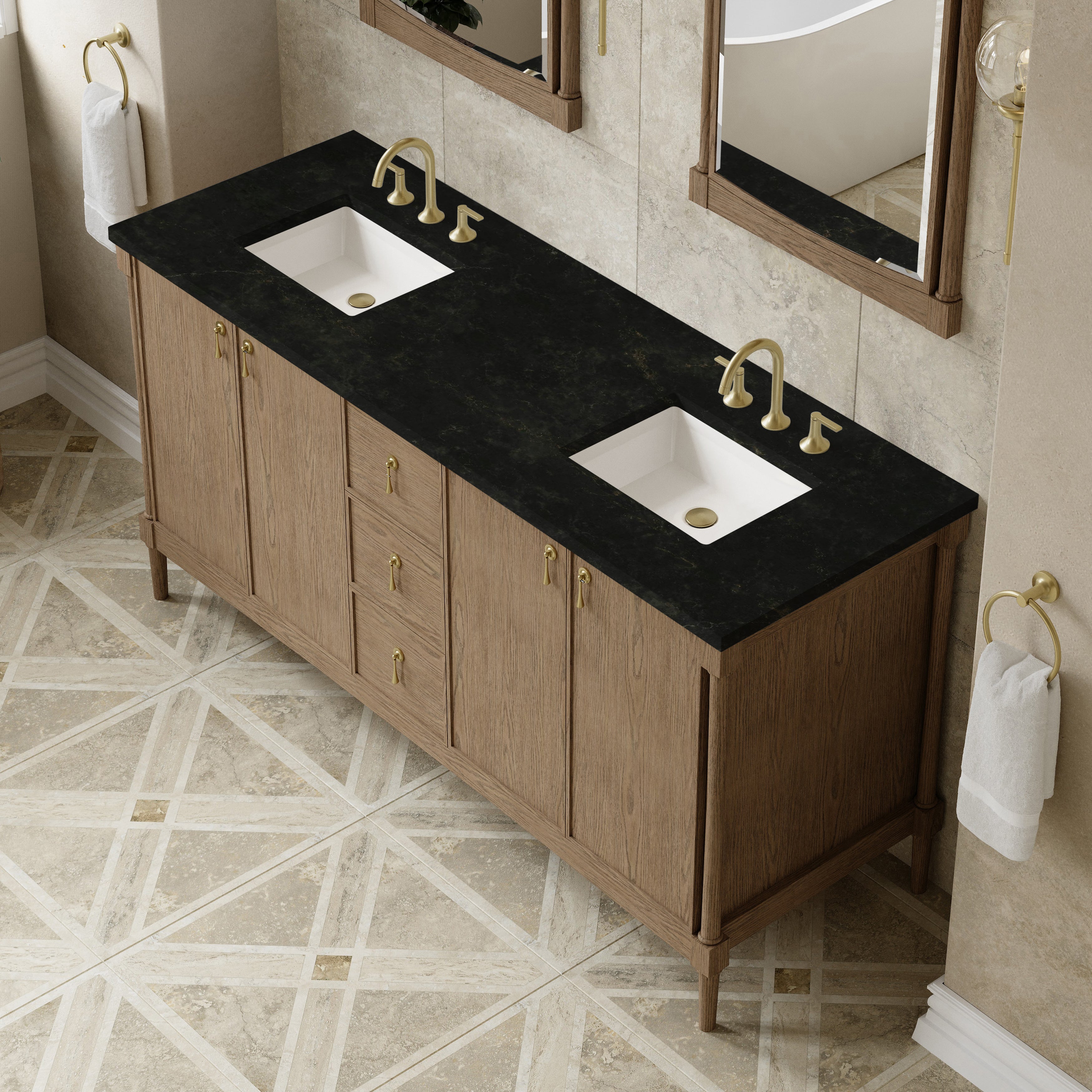 James Martin Kinnsden 72" Double Vanity in Weathered Oak with 3cm Carrara Marble Top