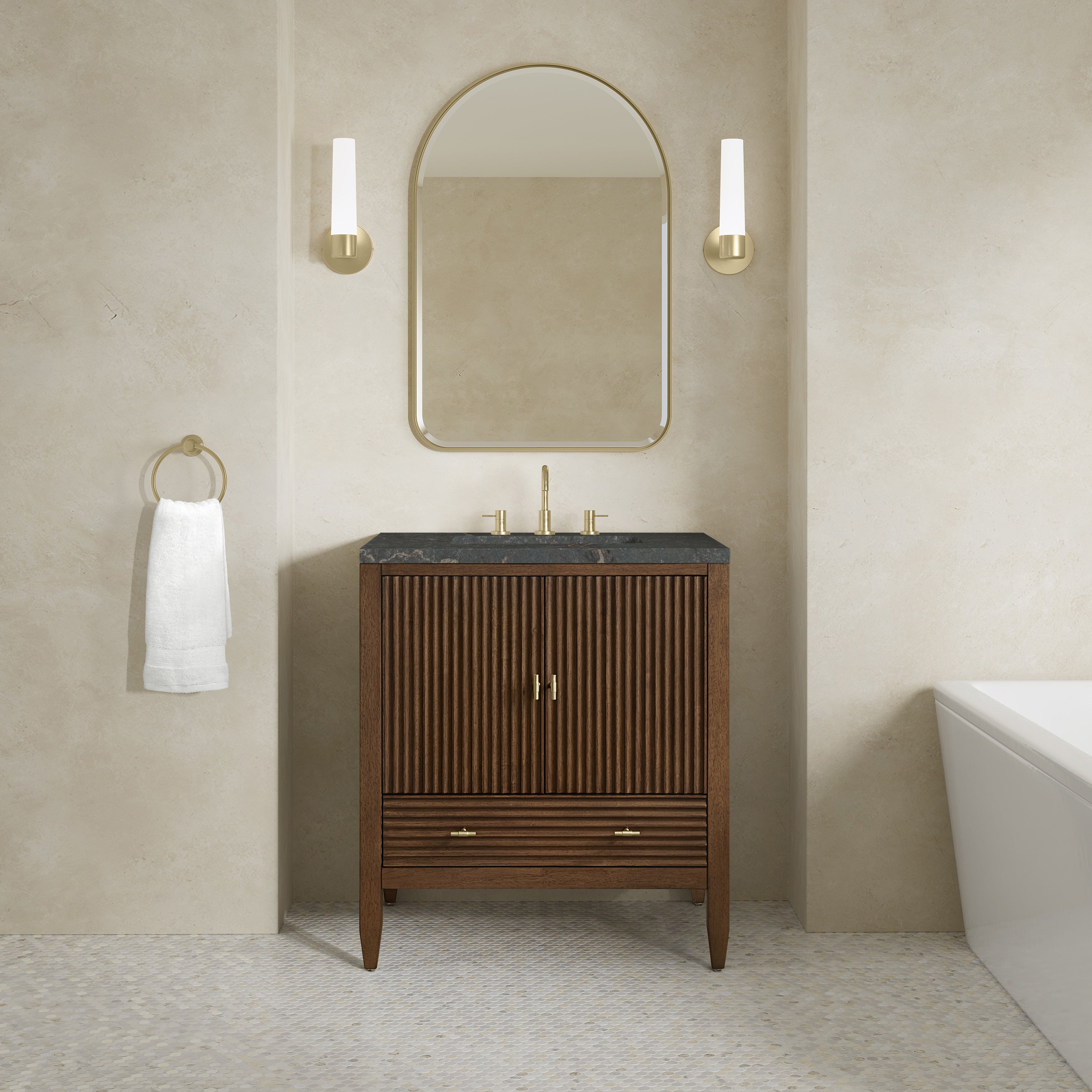 James Martin Myrrin 30" Single Vanity in Mid-Century Walnut with 3cm Countertop