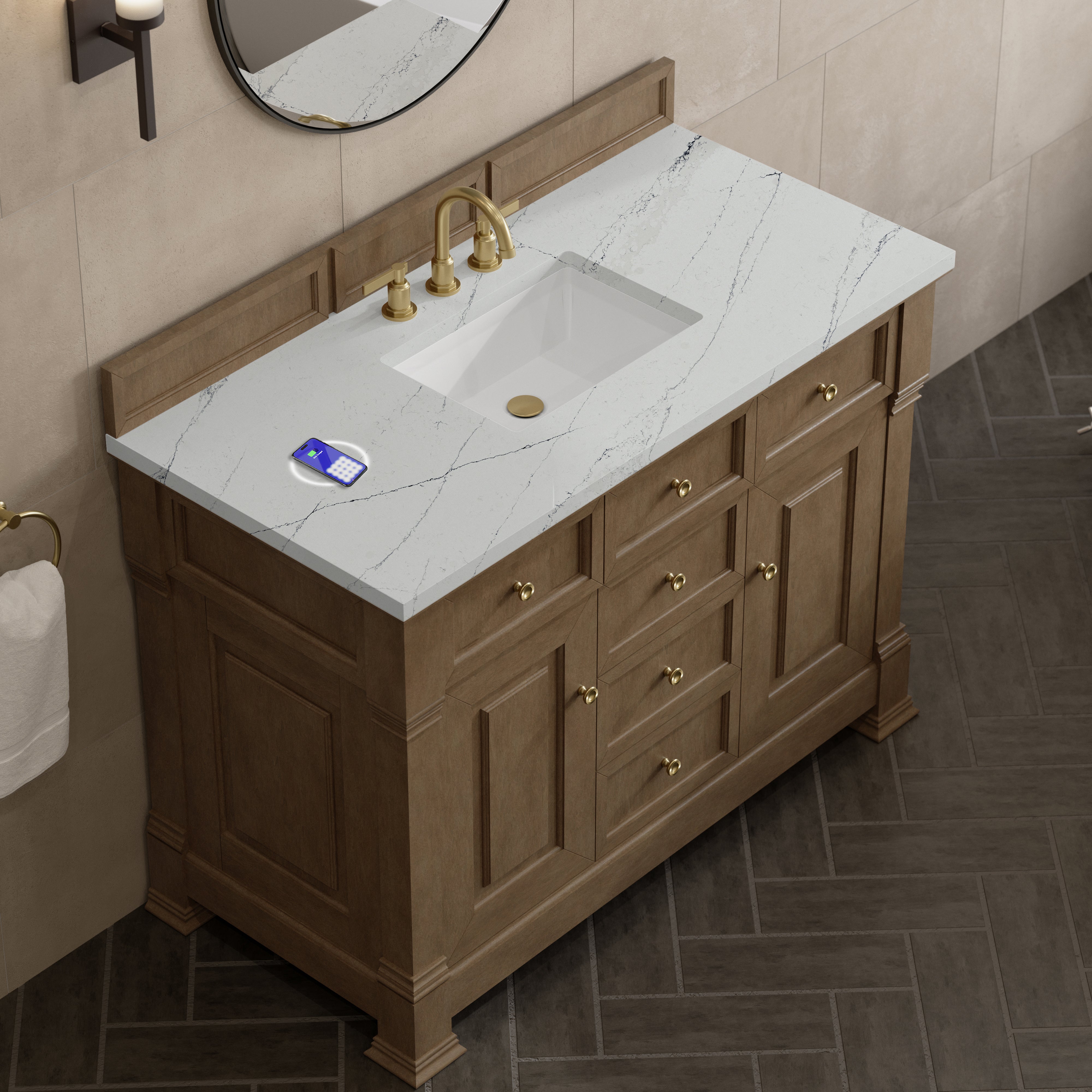 James Martin Brookfield 48" Single Vanity in Pecan with 3cm Countertop and FreePower Wireless Charger