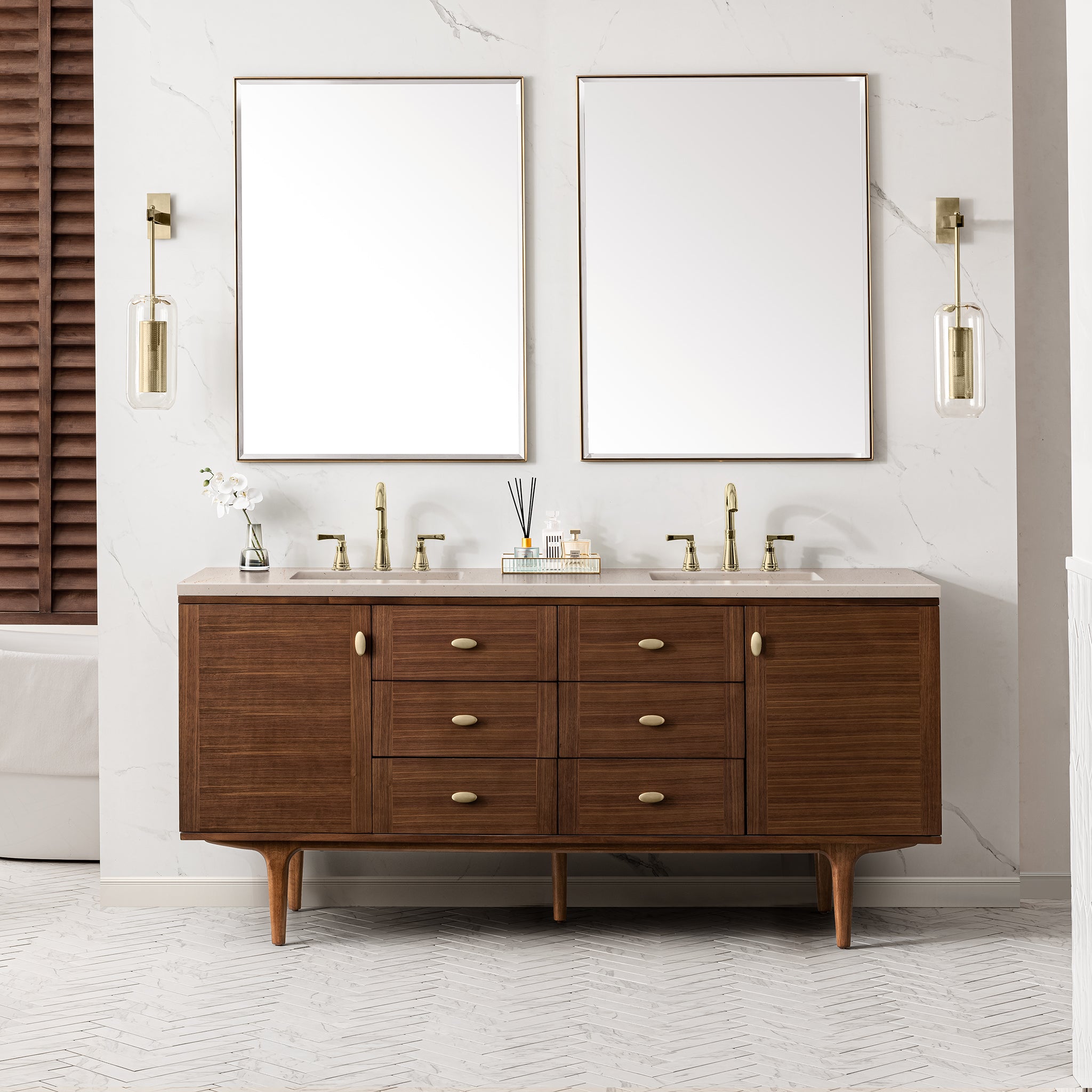 James Martin Amberly 72" Double Vanity in Mid-Century Walnut with 3cm Countertop