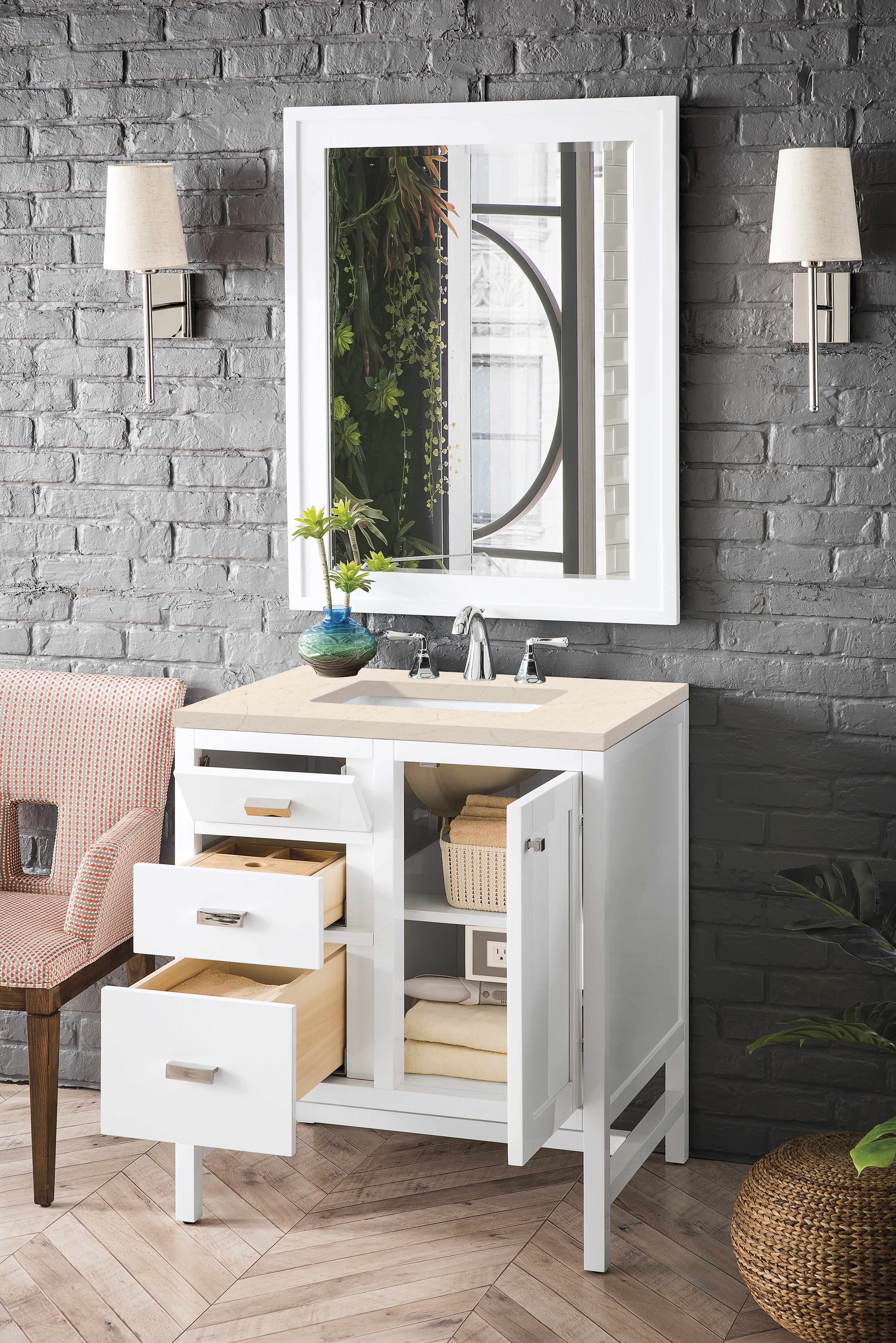 James Martin Addison 30" Single Vanity in Glossy White with 3cm Countertop