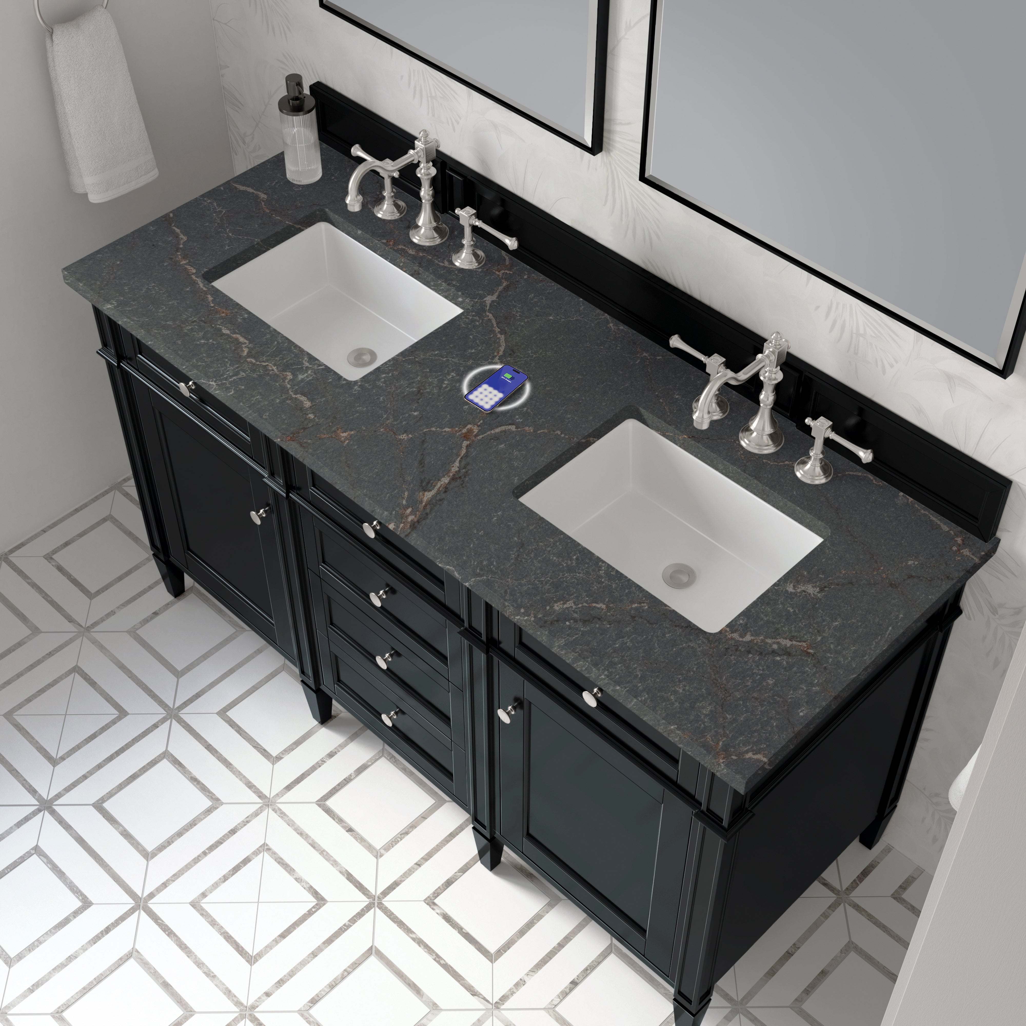 James Martin Brittany 60" Double Vanity in Black Onyx with 3cm Countertop and FreePower Wireless Charger