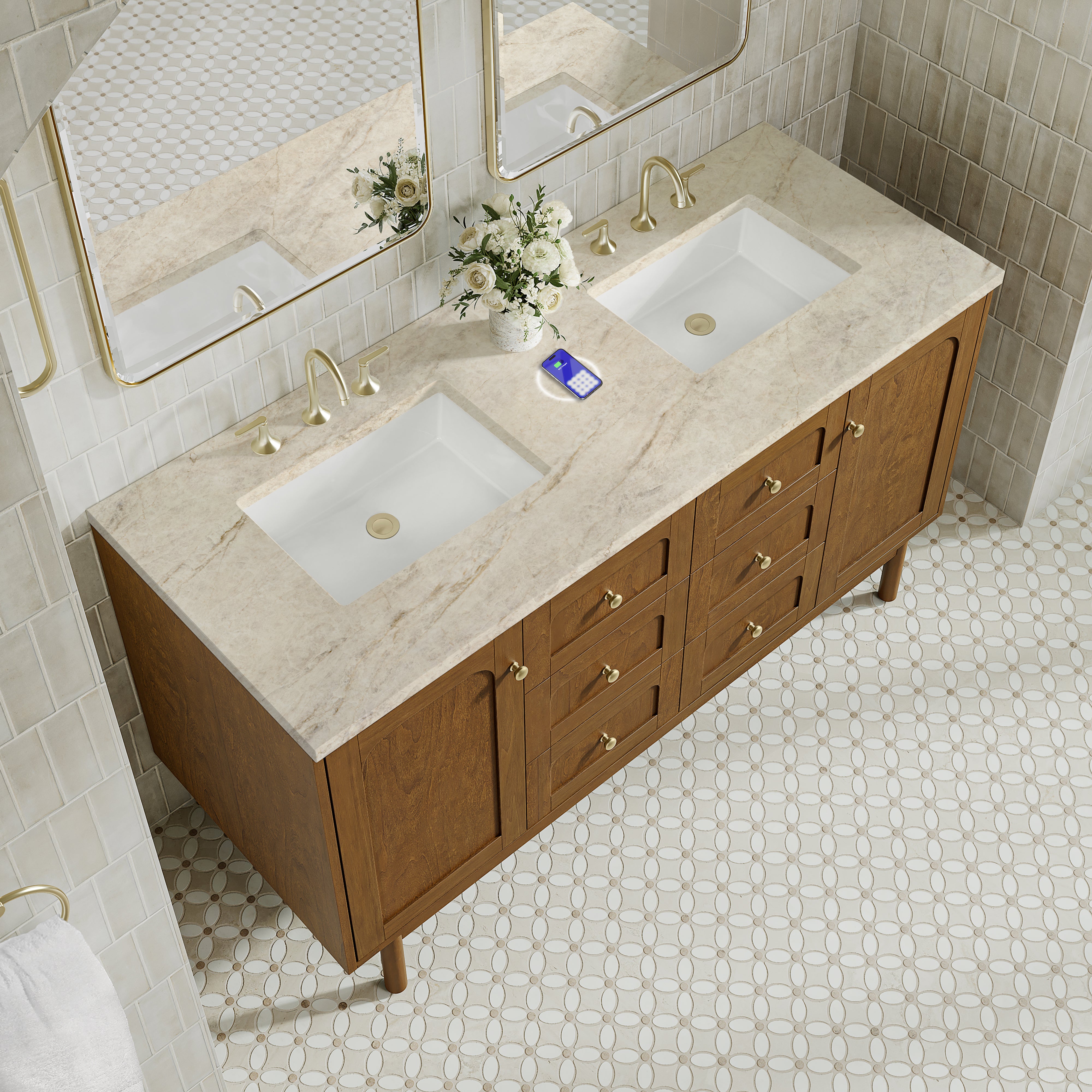 James Martin Laurent 60" Double Vanity in Honey Oak with 3cm Countertop and FreePower Wireless Charger