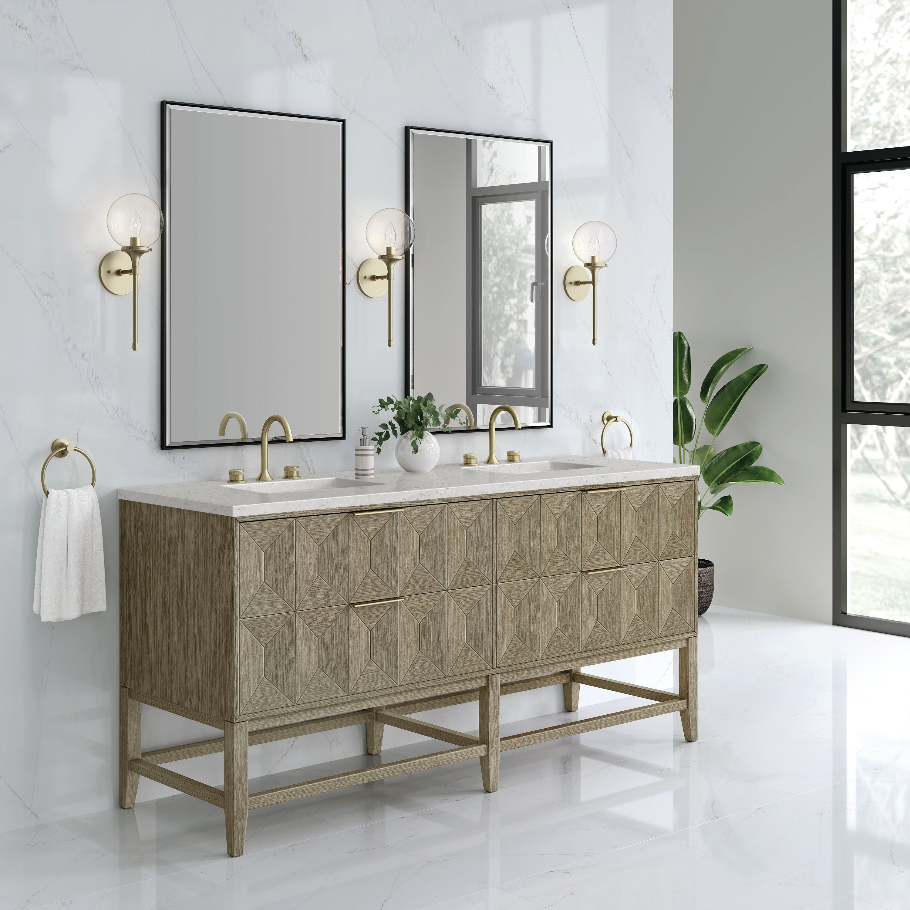 James Martin Emmeline 72" Double Vanity in Pebble Oak with 3cm Countertop