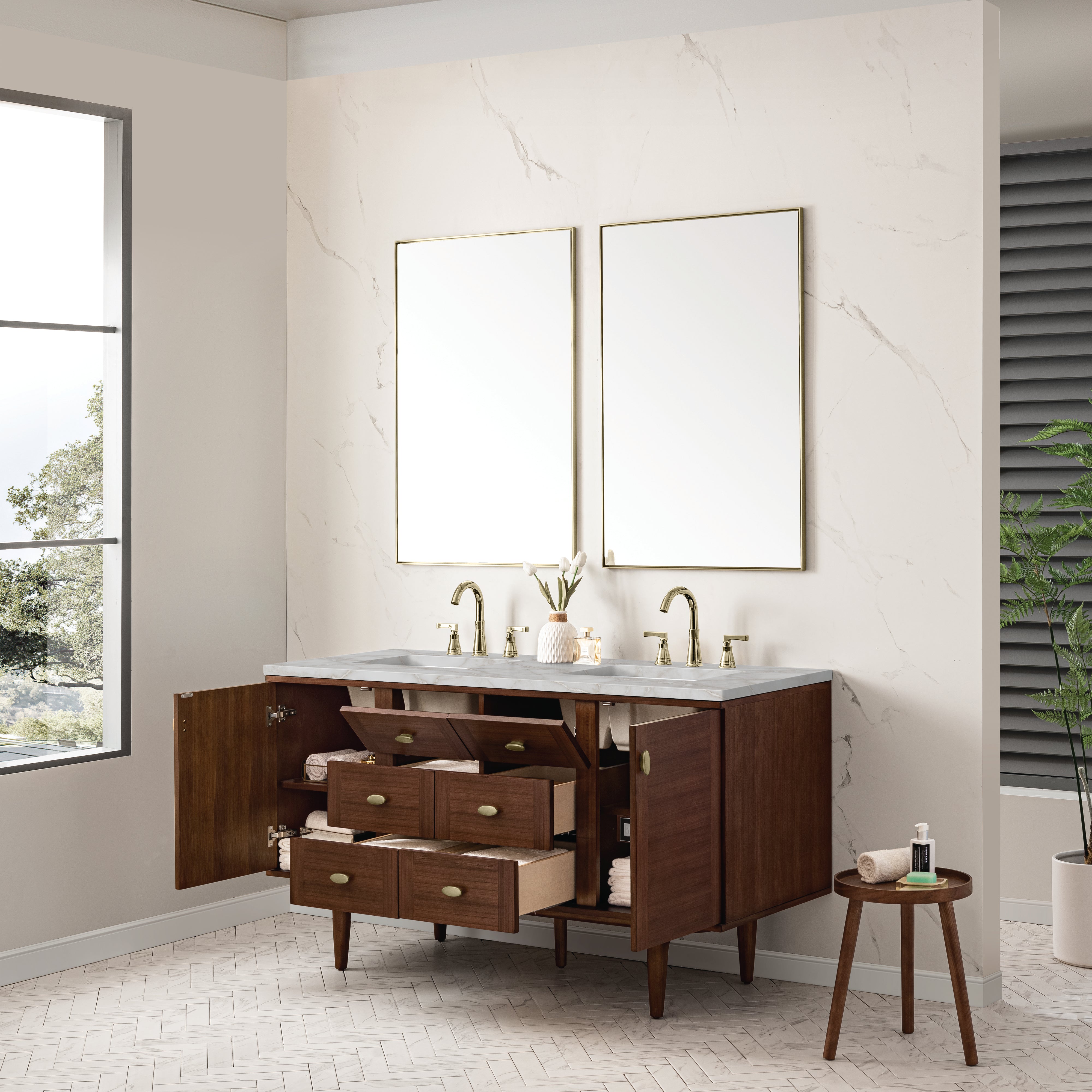 James Martin Amberly 60" Double Vanity in Mid-Century Walnut with 3cm Countertop and FreePower Wireless Charger