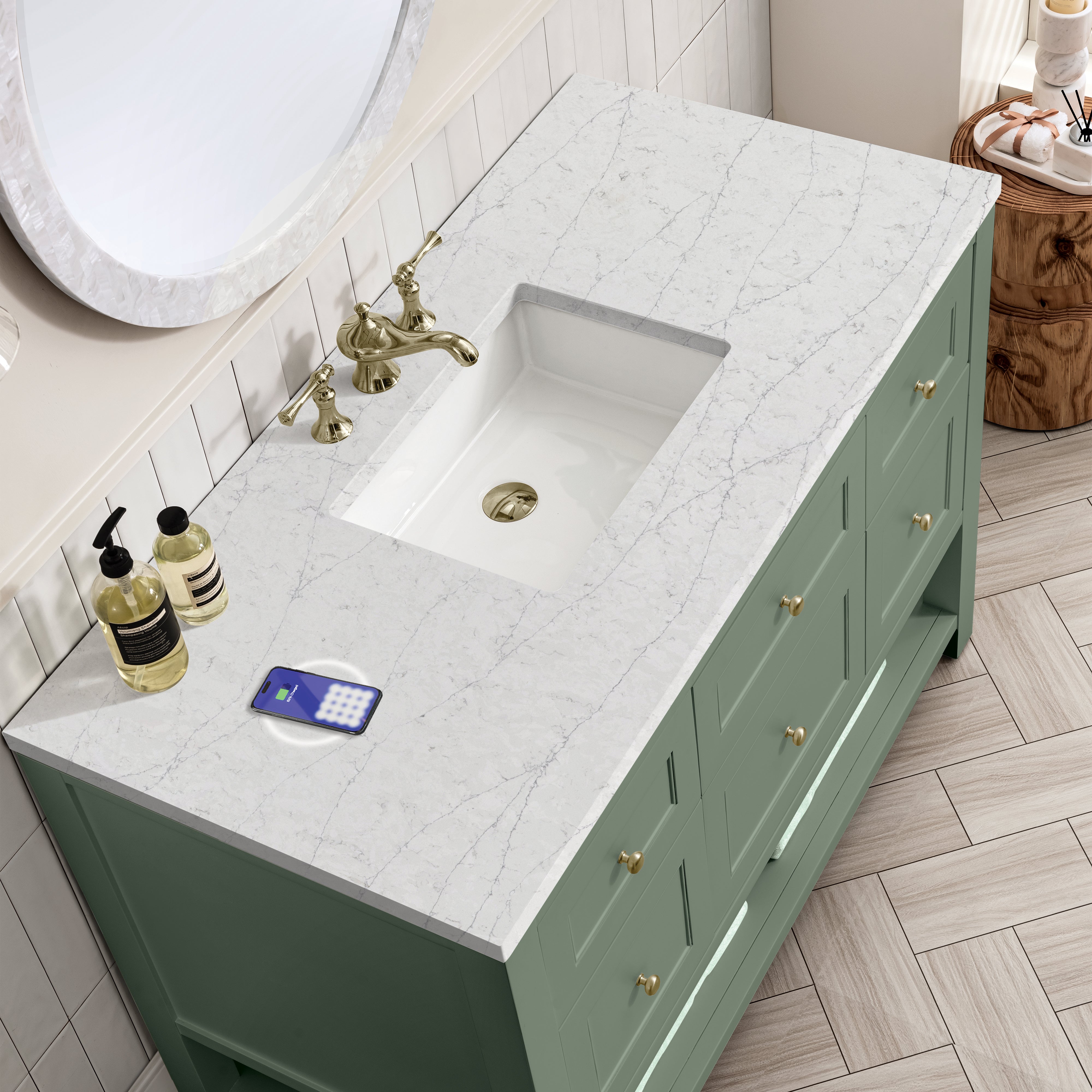 James Martin Breckenridge 48" Single Vanity in Smokey Celadon with 3cm Countertop and FreePower Wireless Charger