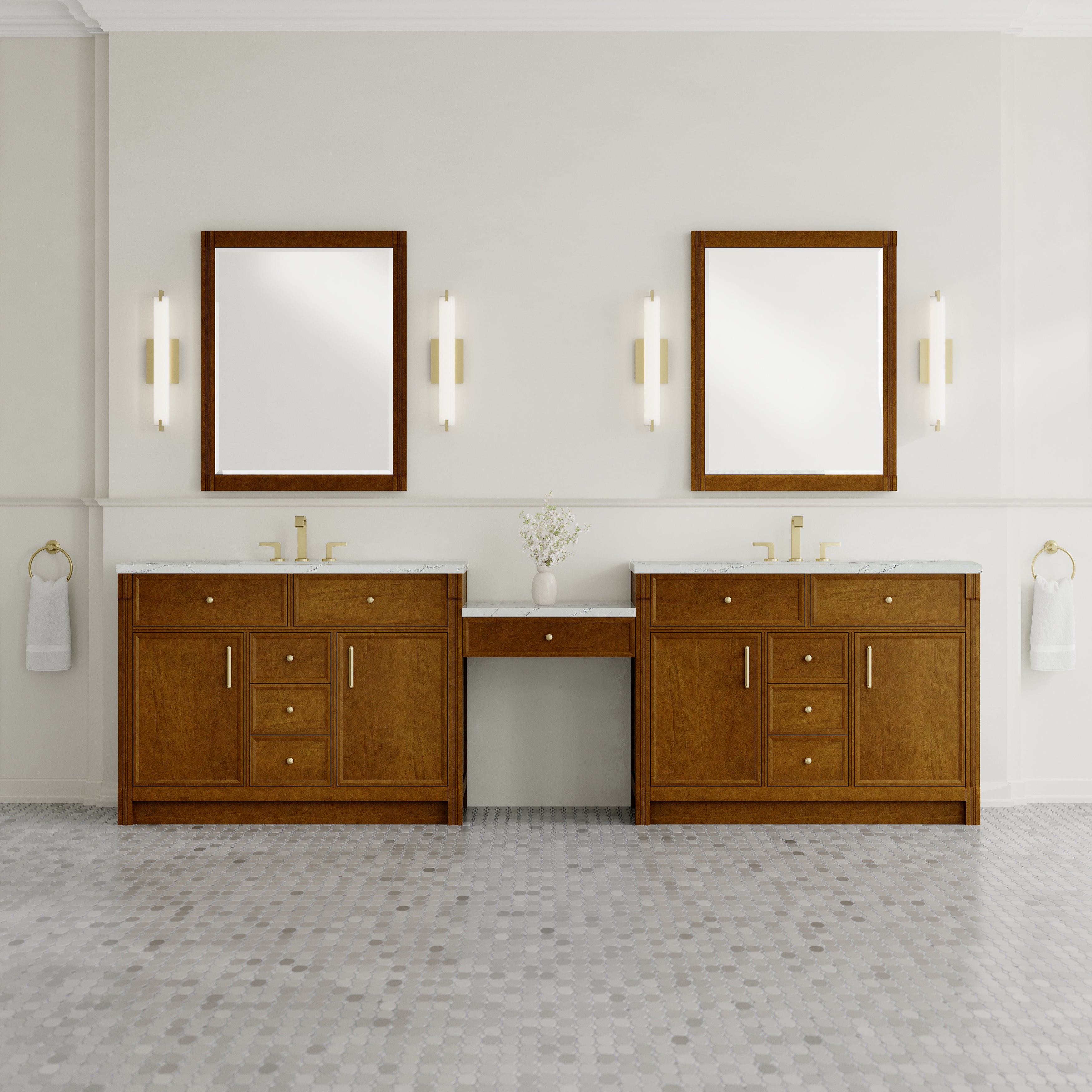 James Martin Bellshire 120" Dual Vanity Set with 24" Make-Up Counter in Honey Oak with 3cm Countertop and FreePower Wireless Charger