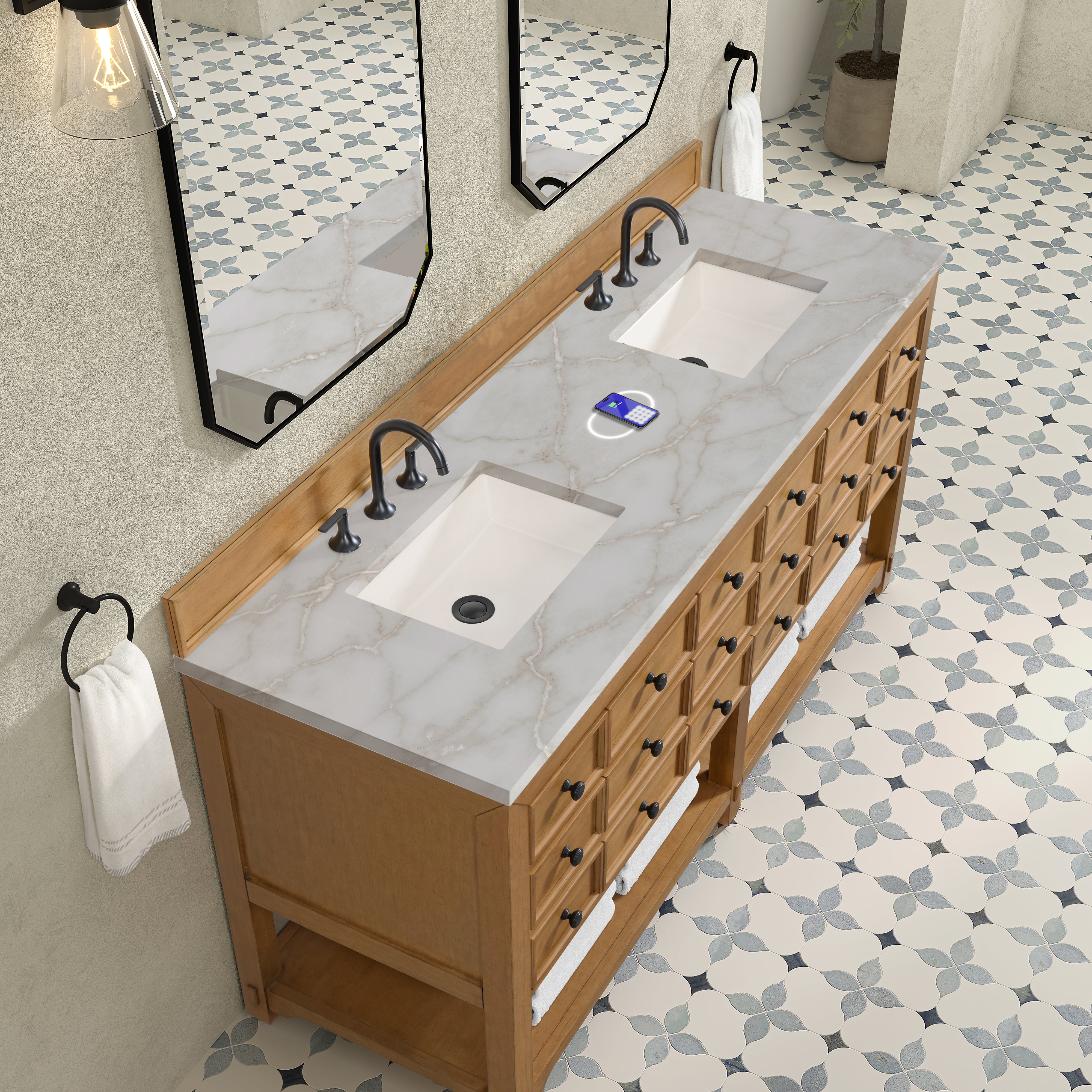 James Martin Malibu 72" Double Vanity in Amber Birch with 3cm Countertop and FreePower Wireless Charger
