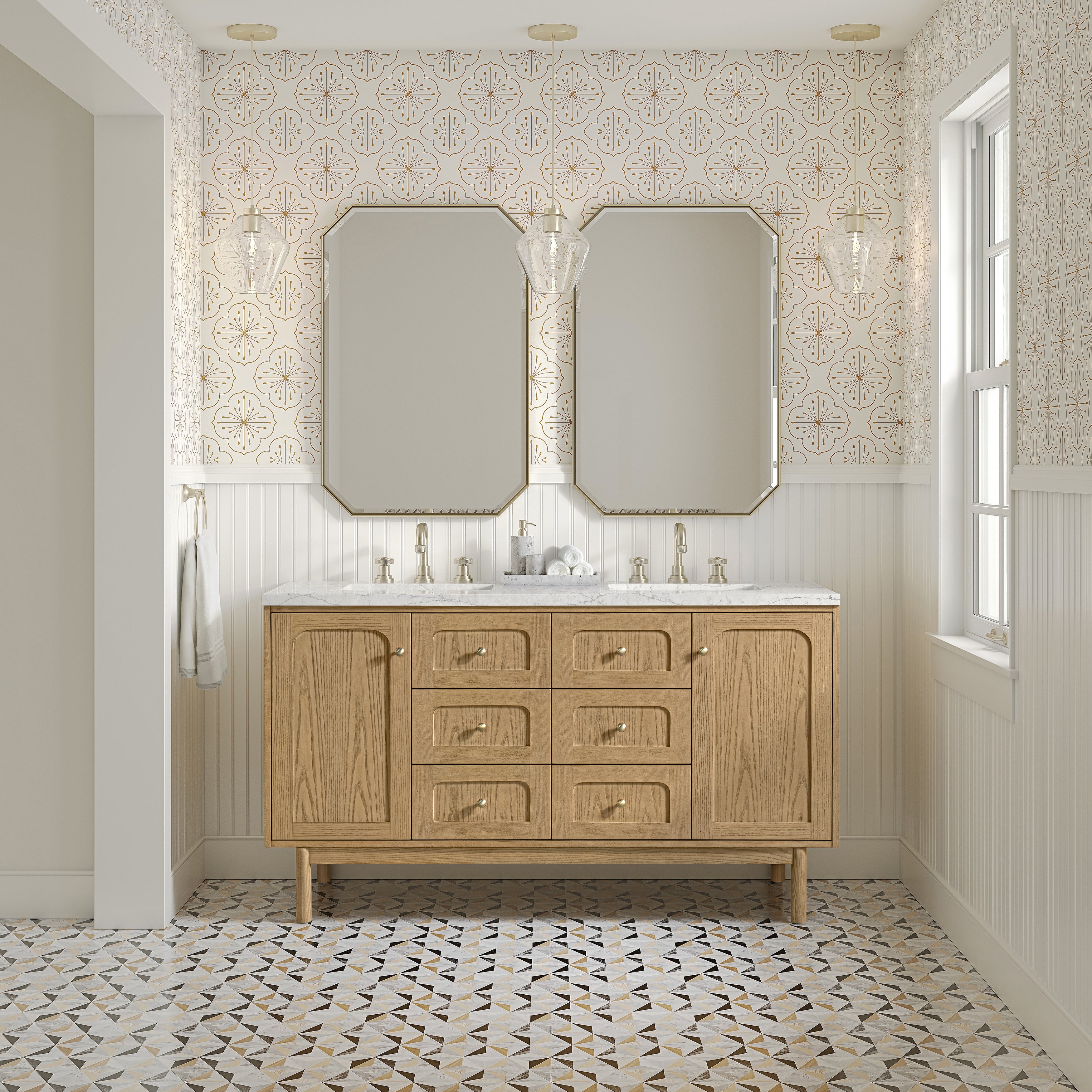 James Martin Laurent 60" Double Vanity in Light Natural Oak with 3cm Countertop and FreePower Wireless Charger