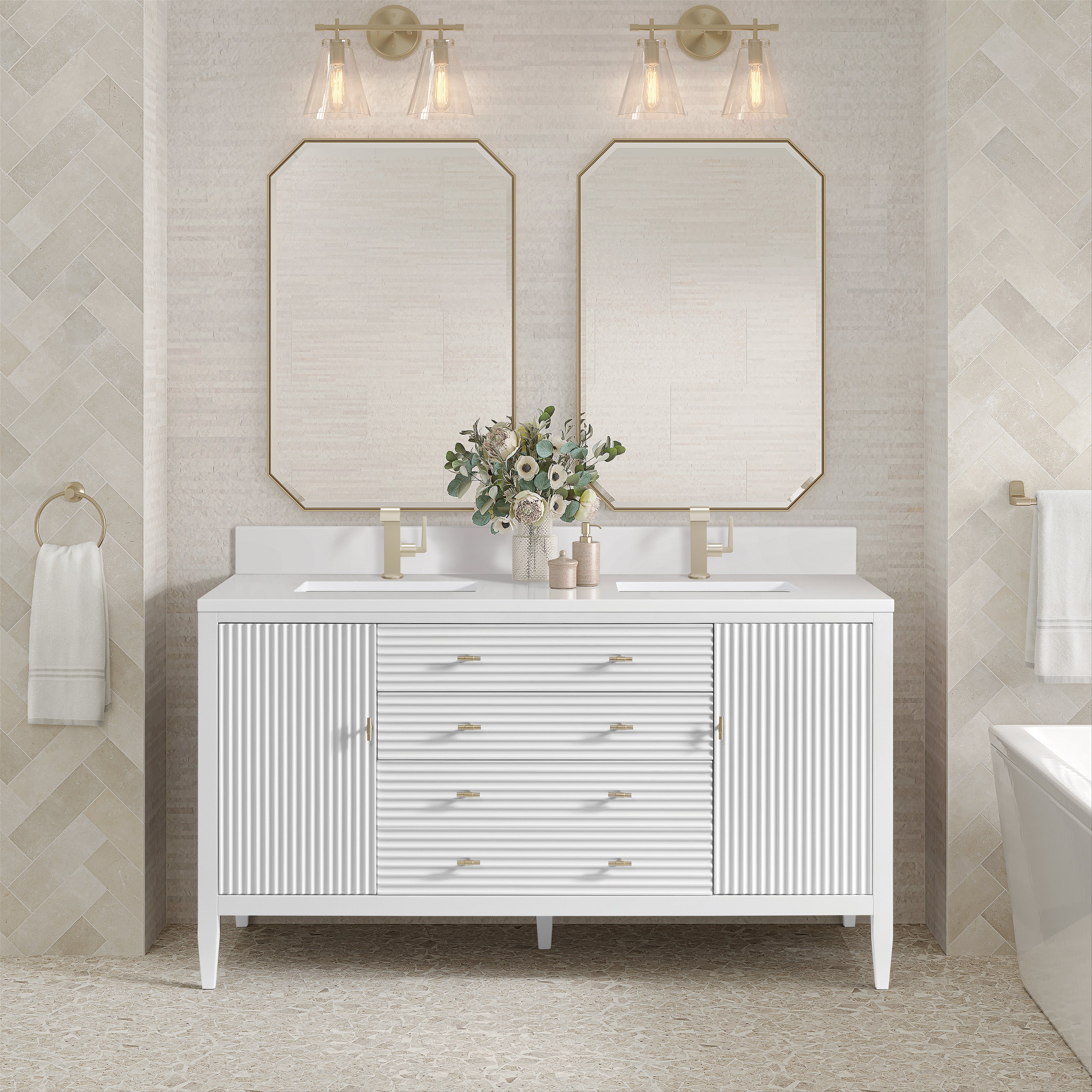 James Martin Myrrin 60" Double Vanity in Bright White with 3cm Countertop