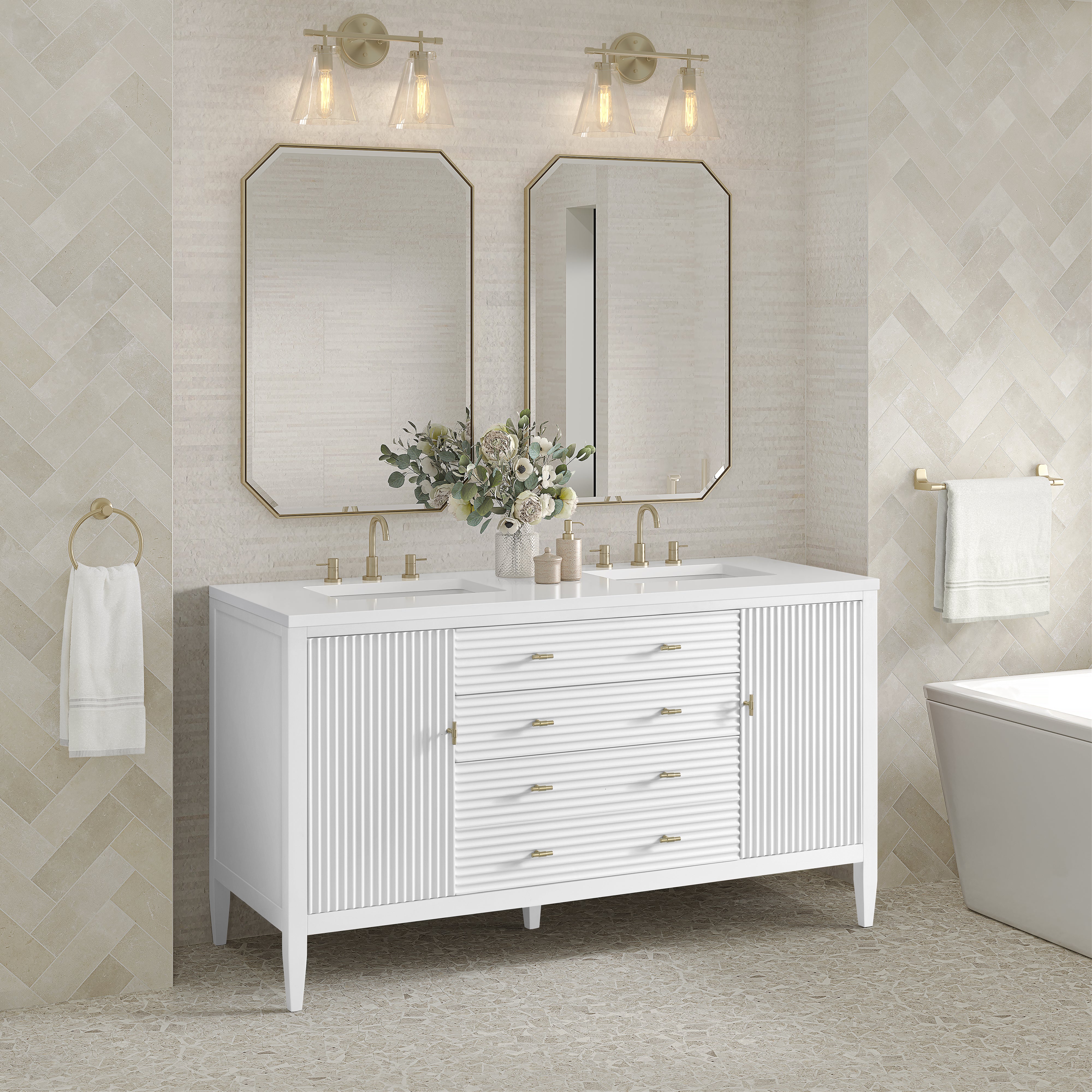 James Martin Myrrin 60" Double Vanity in Bright White with 3cm Countertop