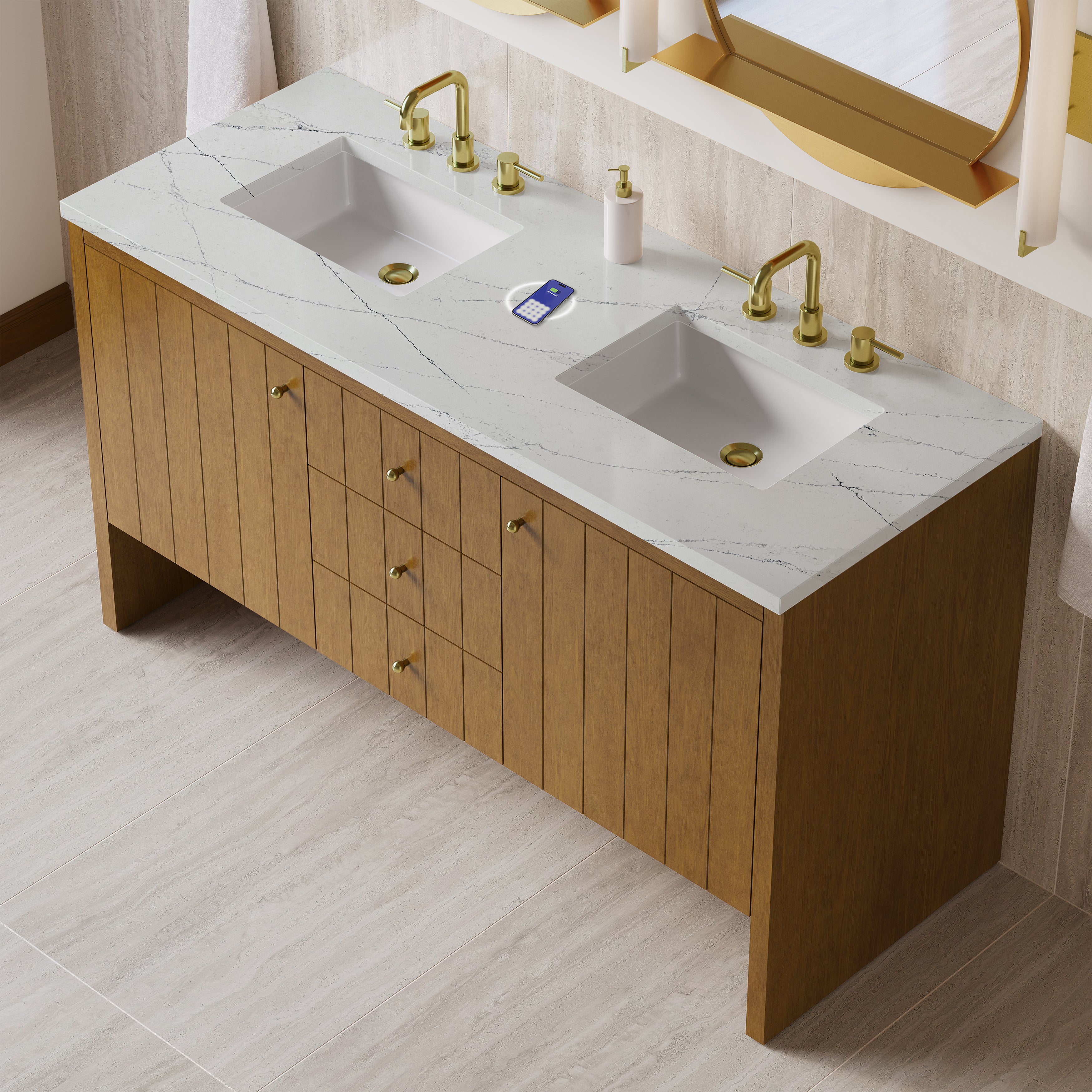 James Martin Hudson 60" Double Vanity in Honey Oak with 3cm Countertop and FreePower Wireless Charger