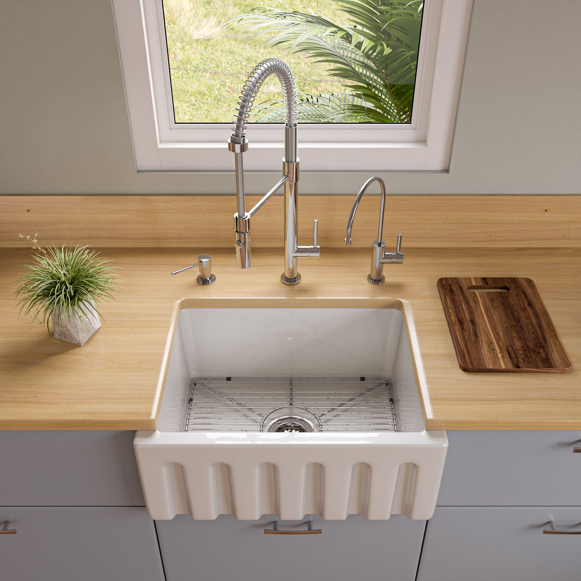 ALFI brand AB2418HS 24" Reversible Smooth / Fluted Single Bowl Fireclay Farm Sink – Biscuit, Black Gloss, Black Matte, White