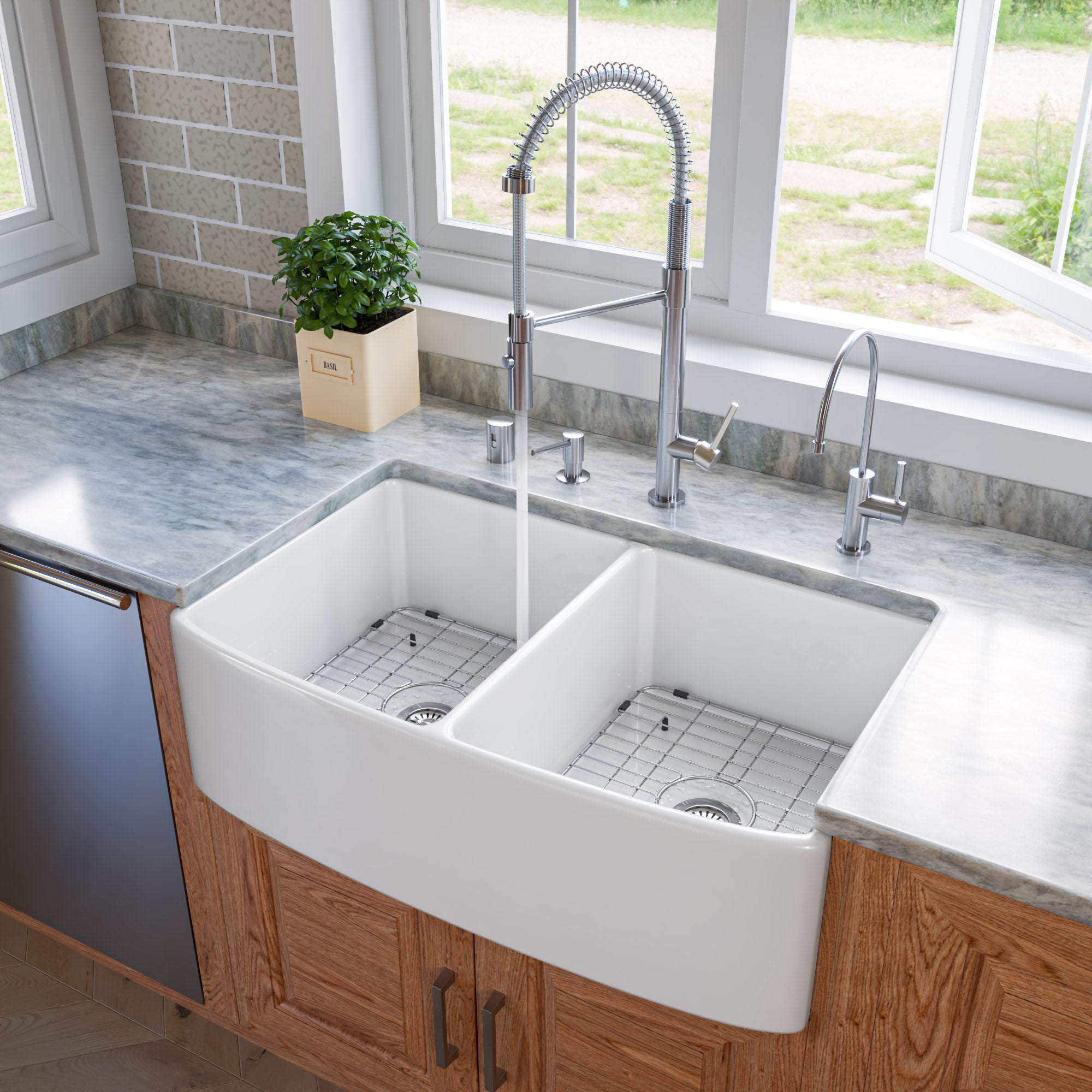 ALFI brand ABFC3320D ABFC3320D-W White Smooth Curved Apron 33" x 20" Double Bowl Fireclay Farm Sink with Grid