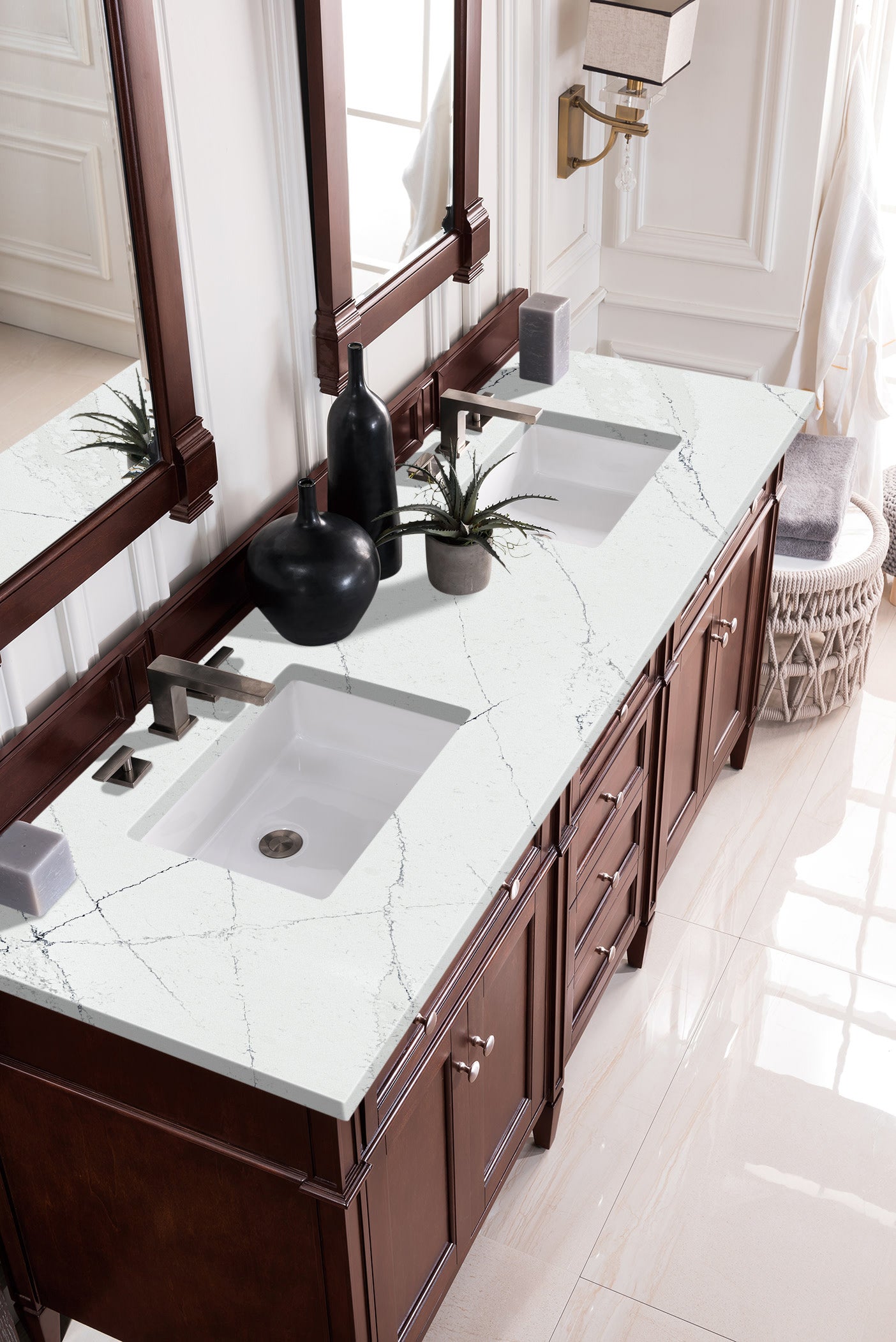 James Martin Brittany 72" Double Vanity in Burnished Mahogany with 3cm Countertop and FreePower Wireless Charger