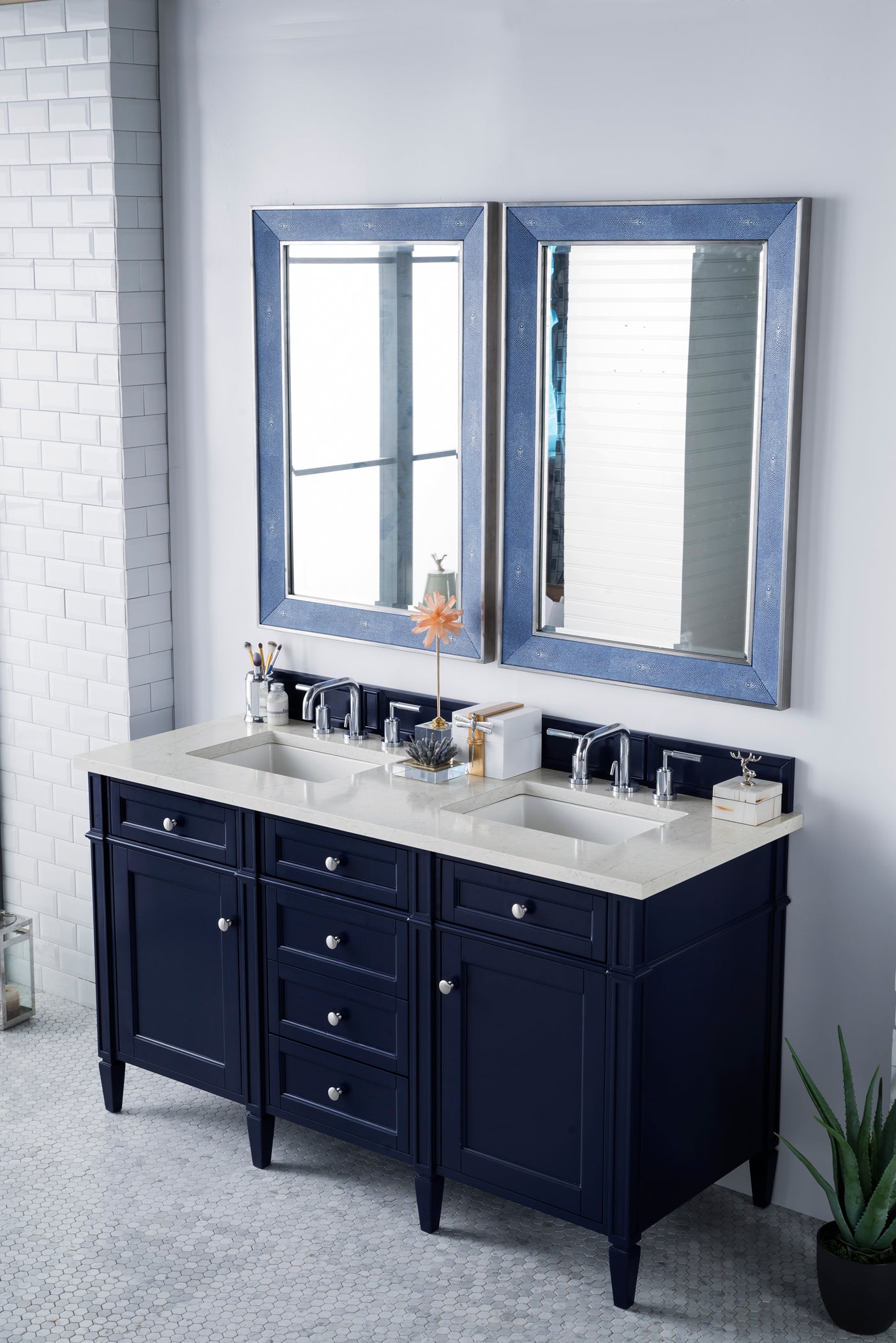 James Martin Brittany 60" Double Vanity in Victory Bleu with 3cm Countertop and FreePower Wireless Charger