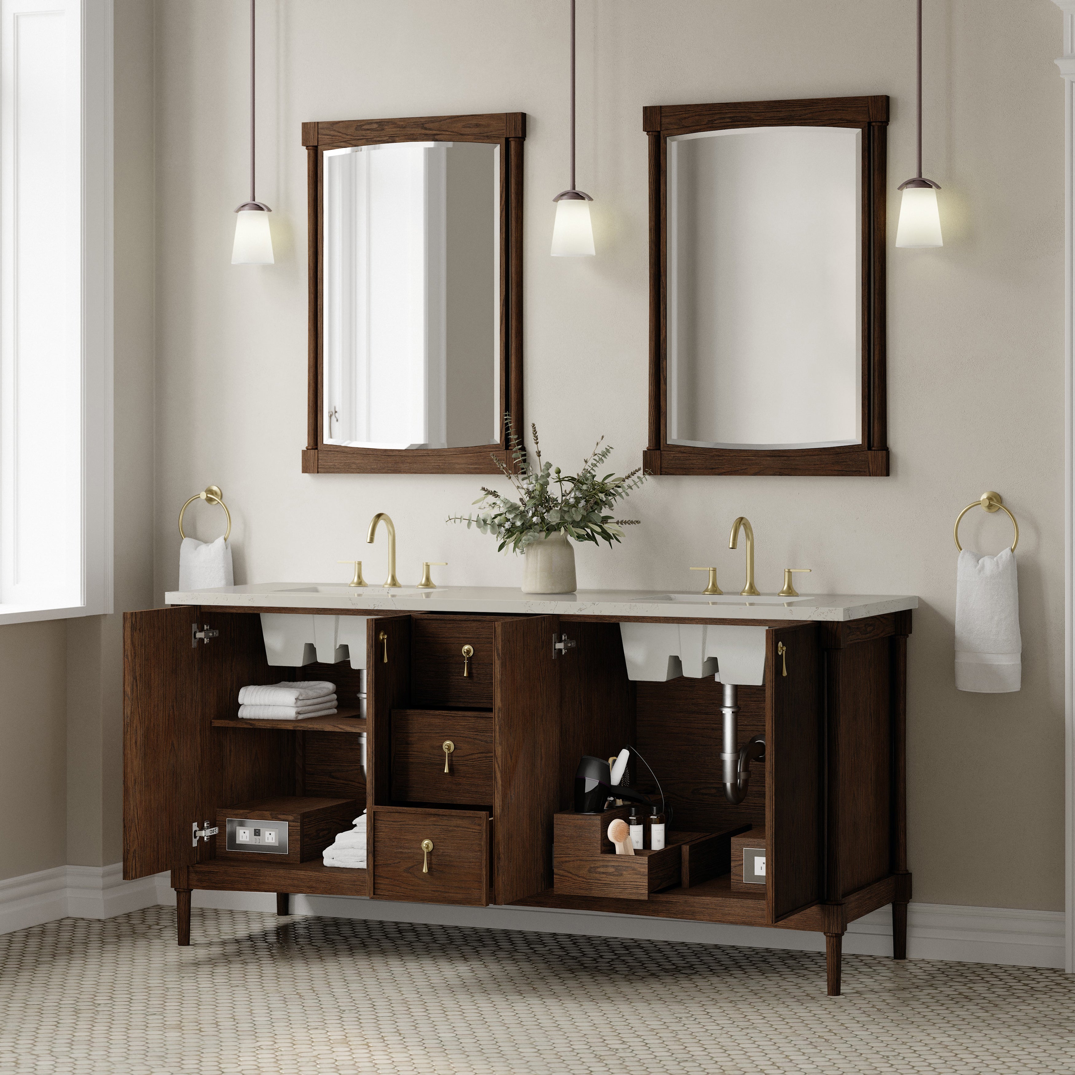 James Martin Kinnsden 72" Double Vanity in Sable Oak with 3cm Carrara Marble Top and FreePower Wireless Charger