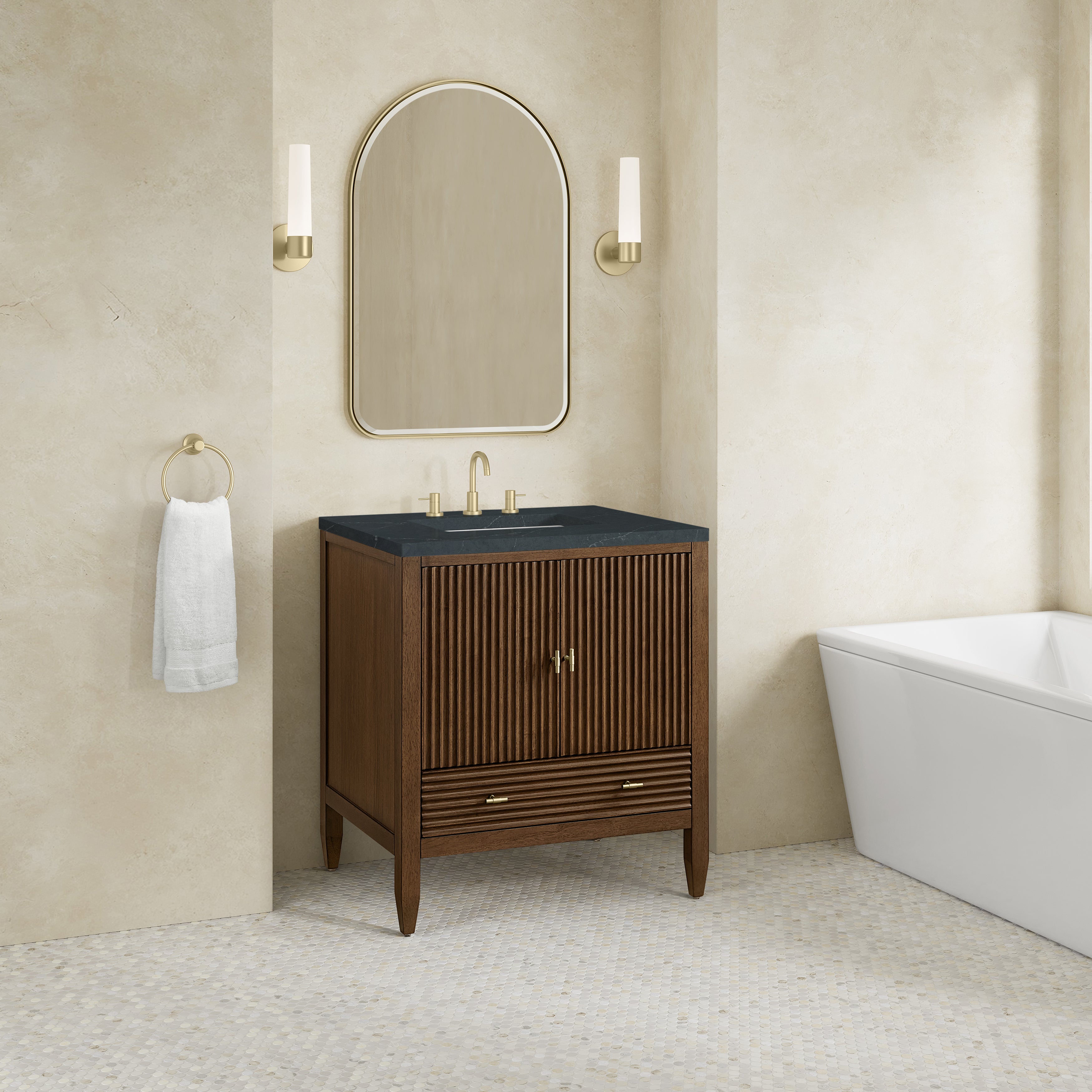 James Martin Myrrin 30" Single Vanity in Mid-Century Walnut with 3cm Countertop
