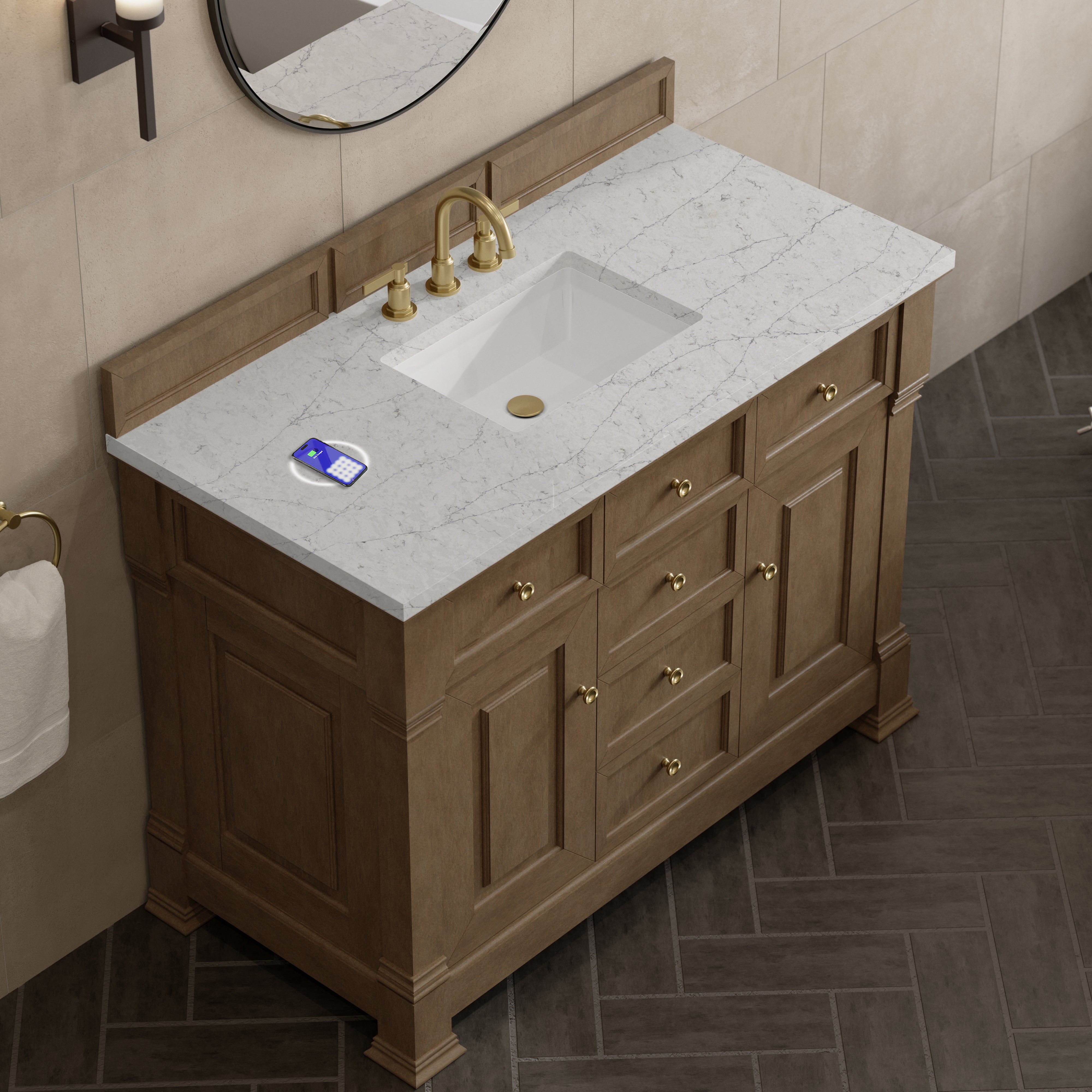 James Martin Brookfield 48" Single Vanity in Pecan with 3cm Countertop and FreePower Wireless Charger