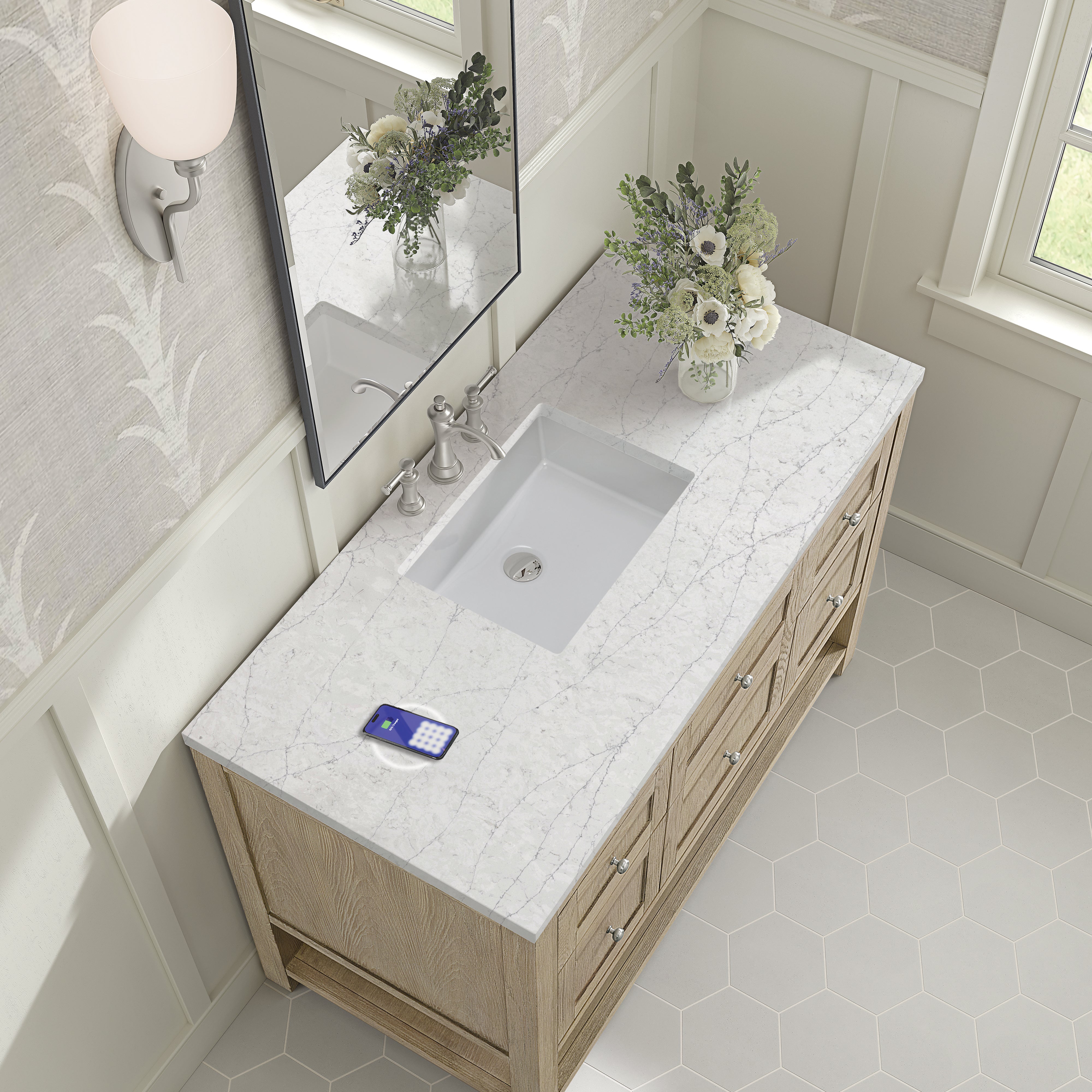 James Martin Breckenridge 48" Single Vanity in Whitewashed Oak with 3cm Countertop and FreePower Wireless Charger