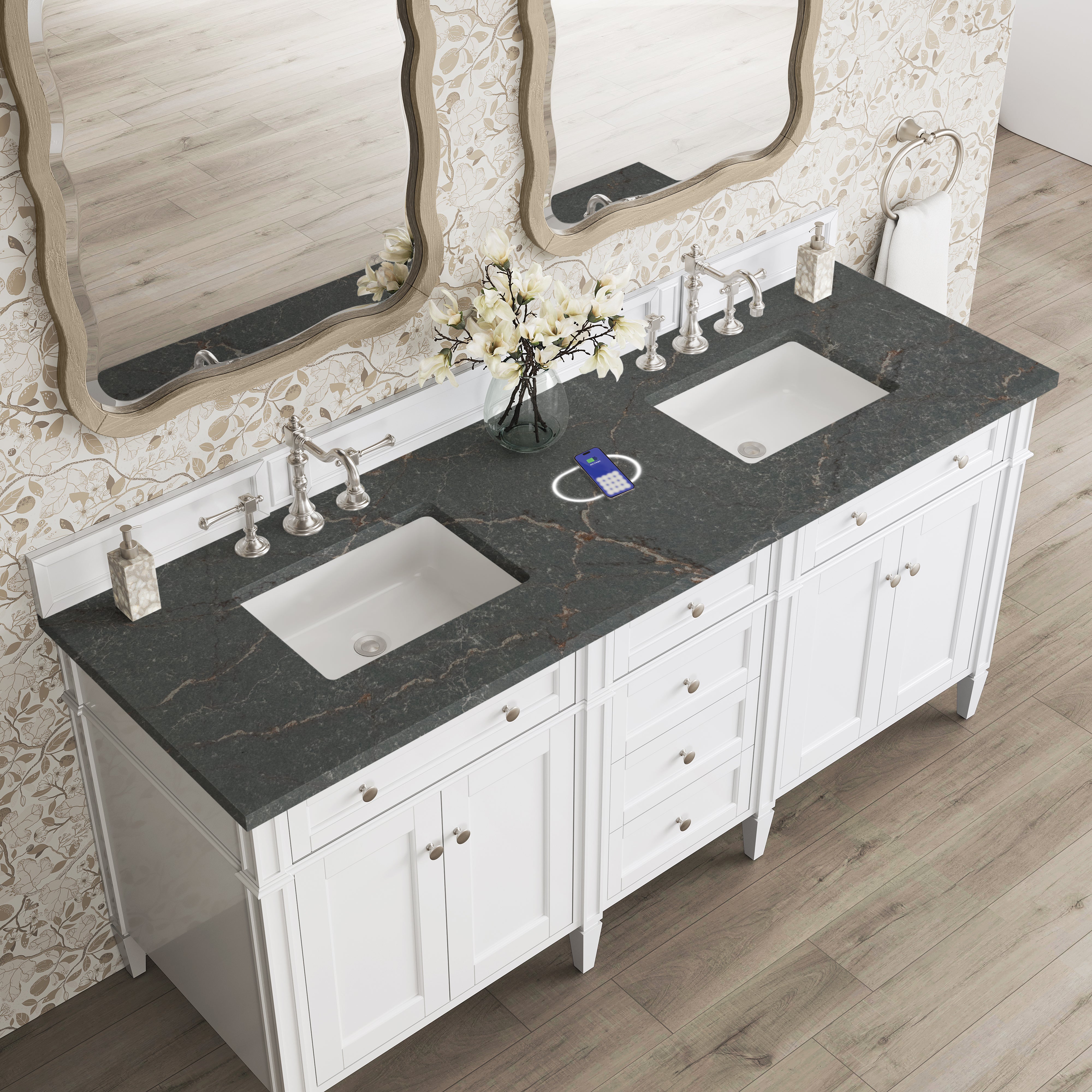 James Martin Brittany 72" Double Vanity in Bright White with 3cm Countertop and FreePower Wireless Charger