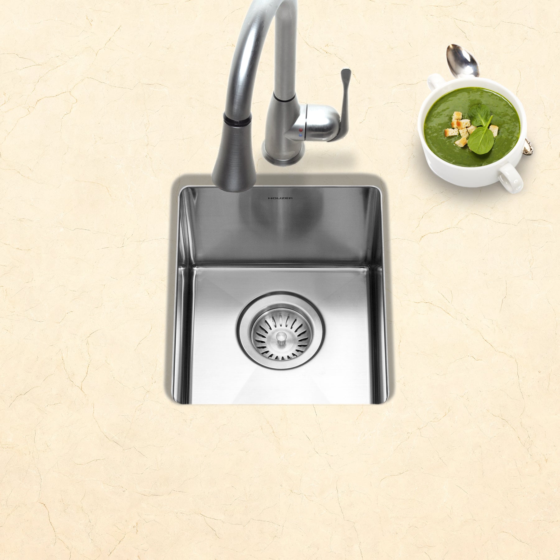 Houzer Savior 12" Stainless Steel Undermount Kitchen Bar Sink with Strainer & Grid