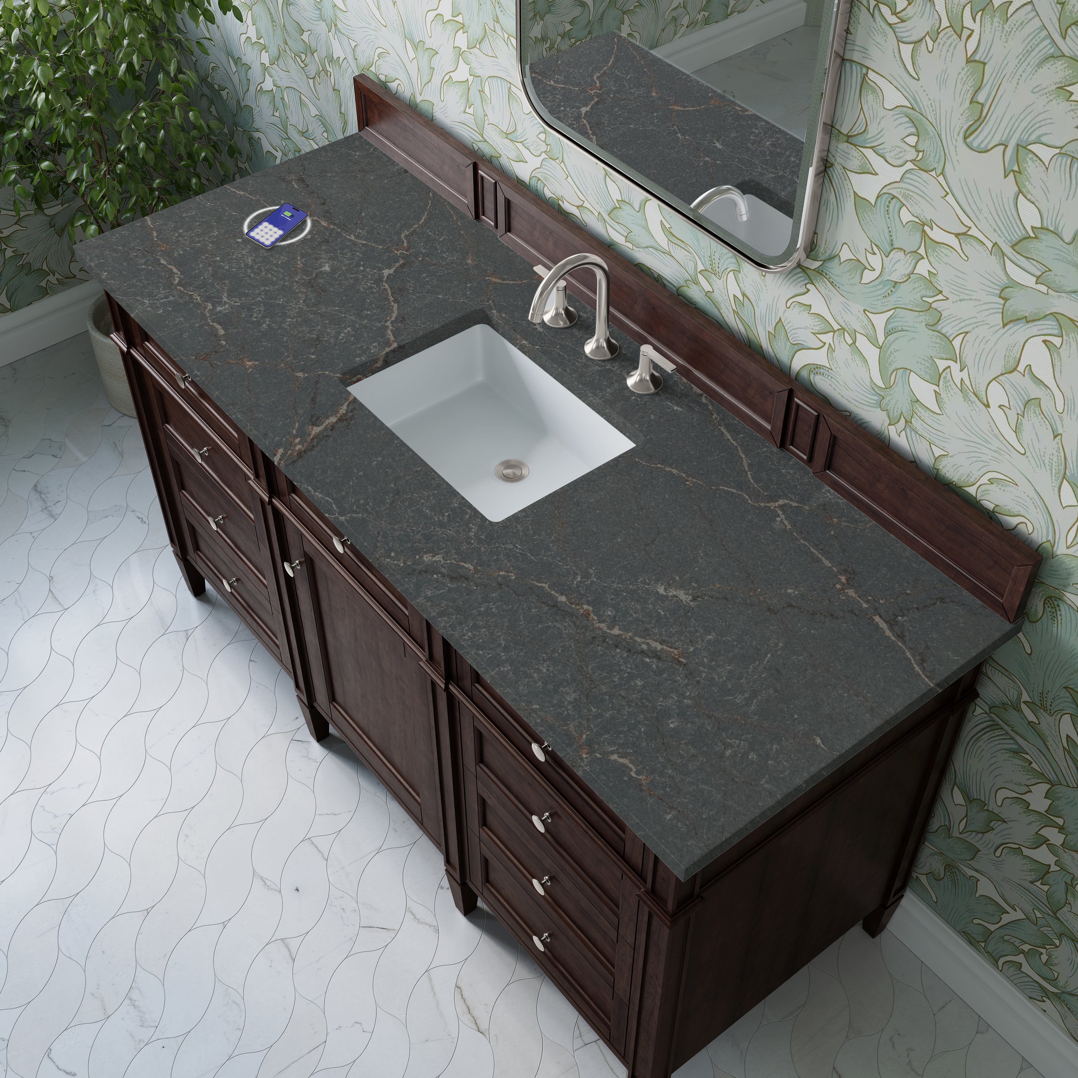 James Martin Brittany 60" Single Vanity in Burnished Mahogany with 3cm Countertop and FreePower Wireless Charger