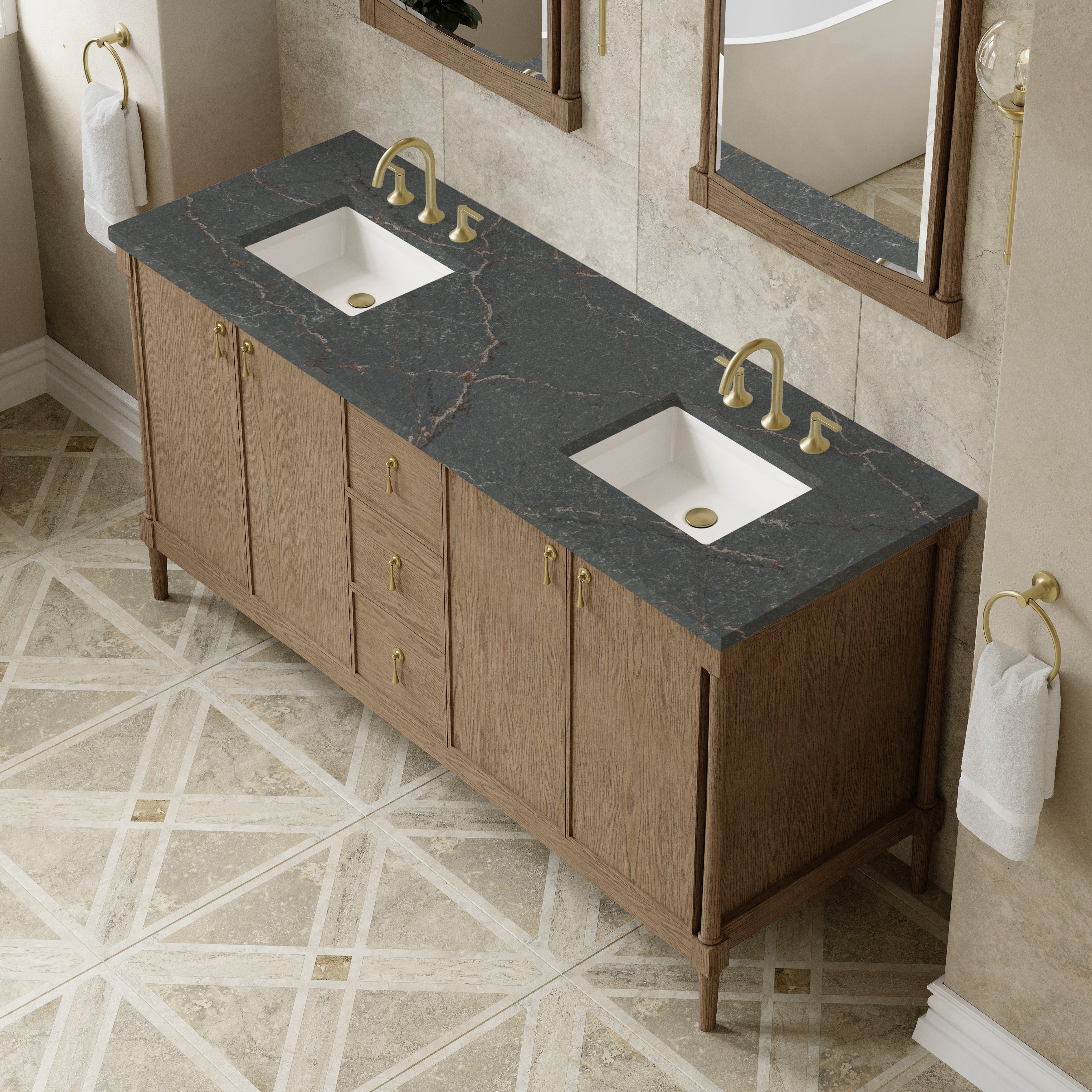 James Martin Kinnsden 72" Double Vanity in Weathered Oak with 3cm Carrara Marble Top