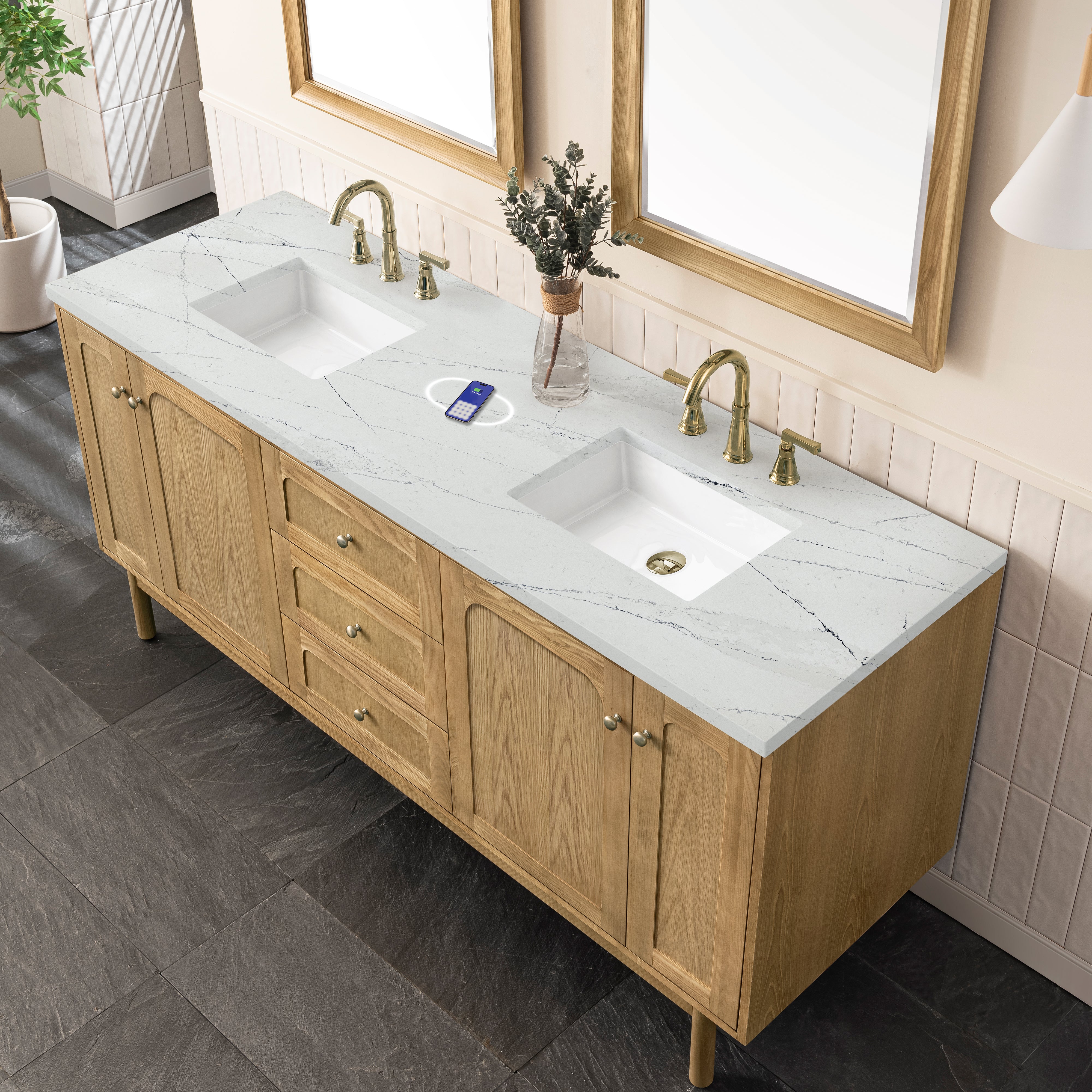 James Martin Laurent 72" Double Vanity in Light Natural Oak with 3cm Countertop and FreePower Wireless Charger