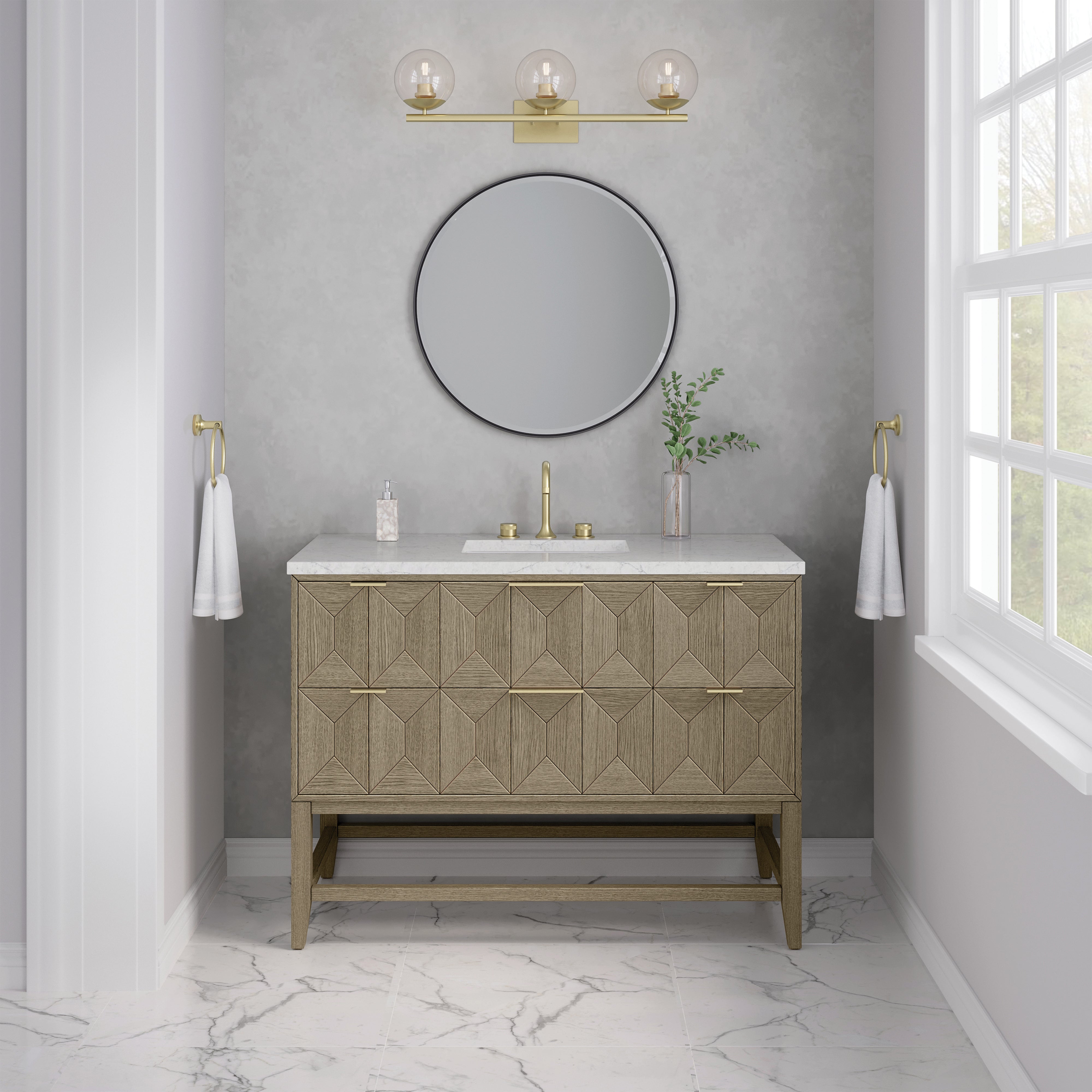 James Martin Emmeline 48" Single Vanity in Pebble Oak with 3cm Countertop and FreePower Wireless Charger