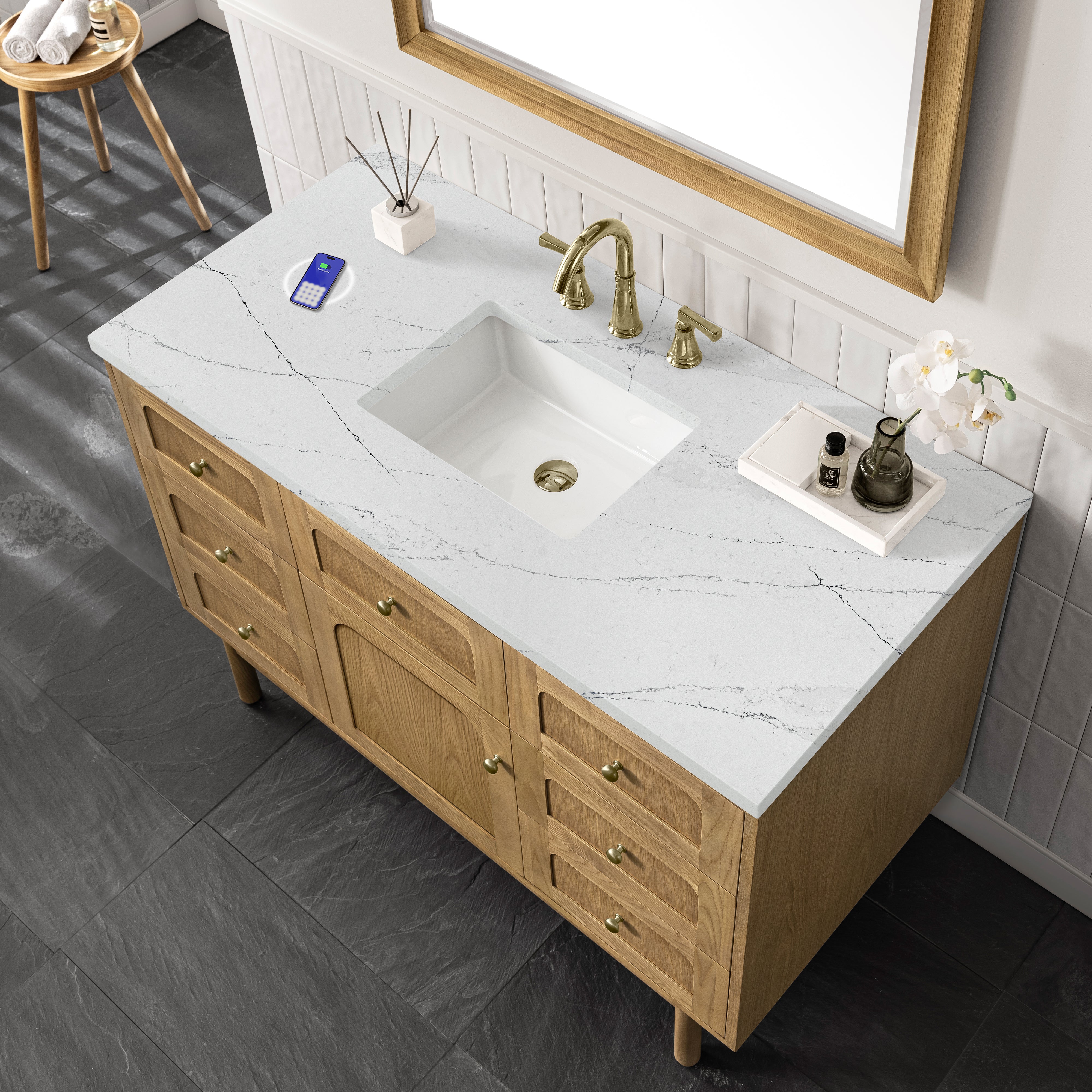 James Martin Laurent 48" Single Vanity in Light Natural Oak with 3cm Countertop and FreePower Wireless Charger
