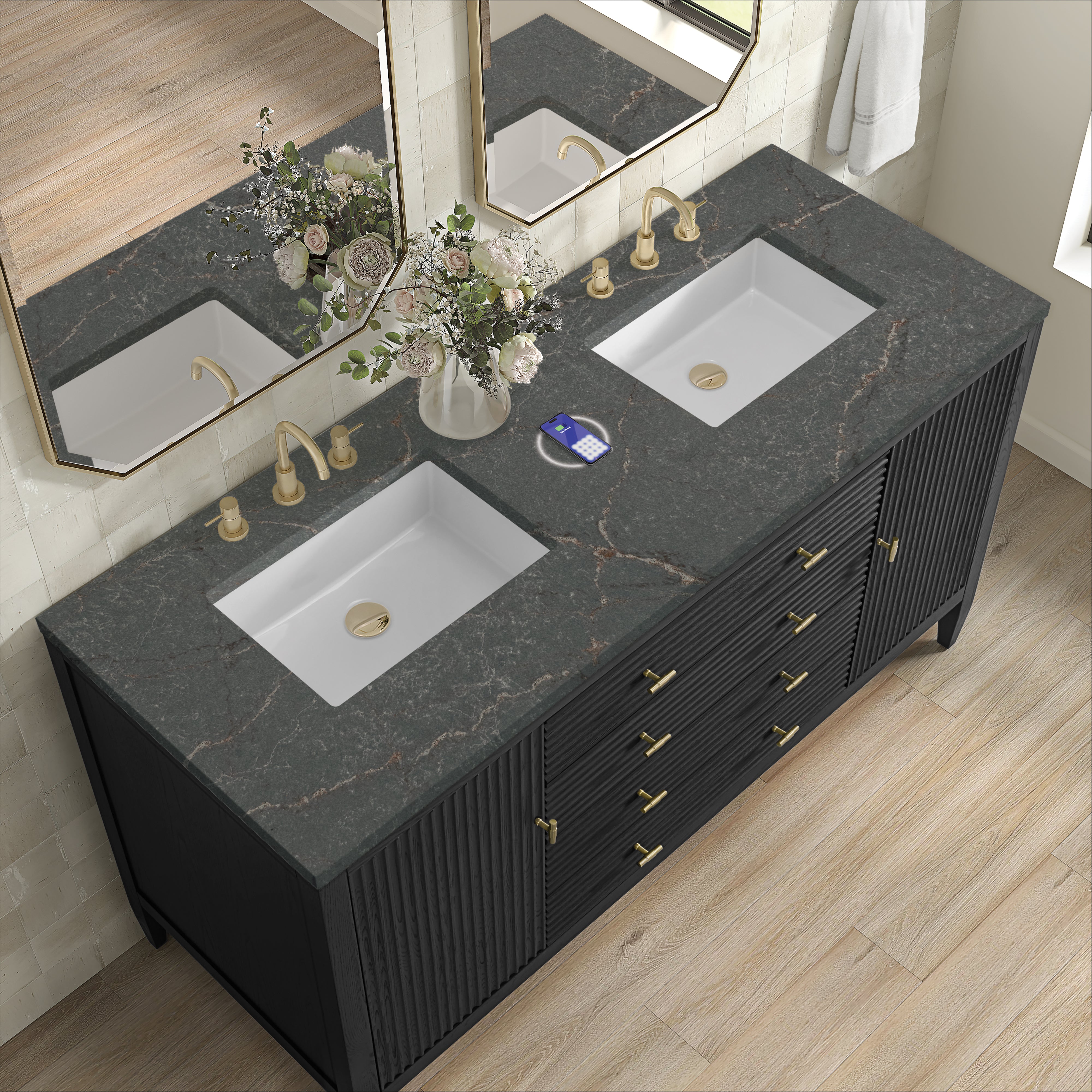 James Martin Myrrin 60" Double Vanity in Carbon Oak with 3cm Countertop and FreePower Wireless Charger