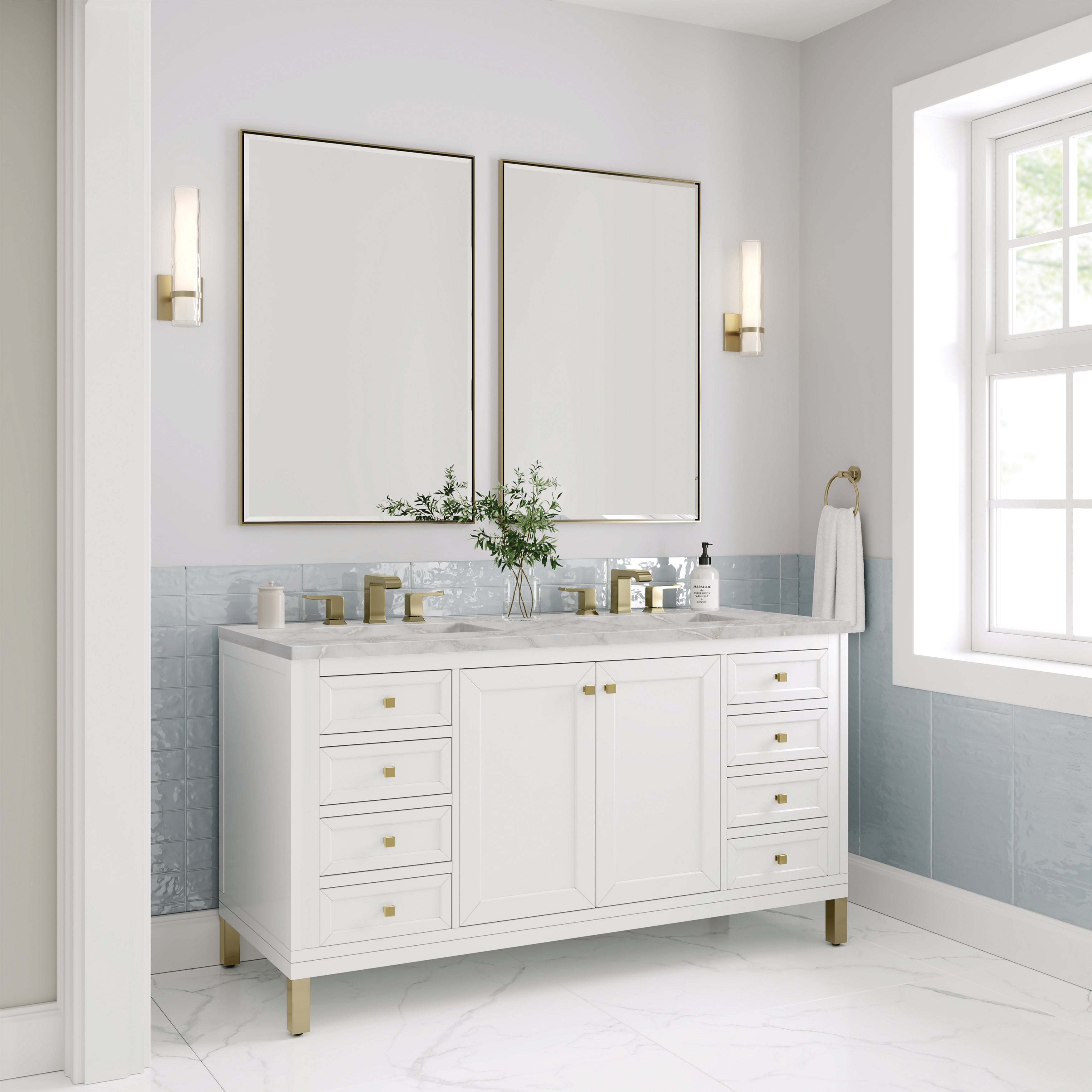 James Martin Chicago 60" Double Vanity in Glossy White with 3cm Countertop and FreePower Wireless Charger