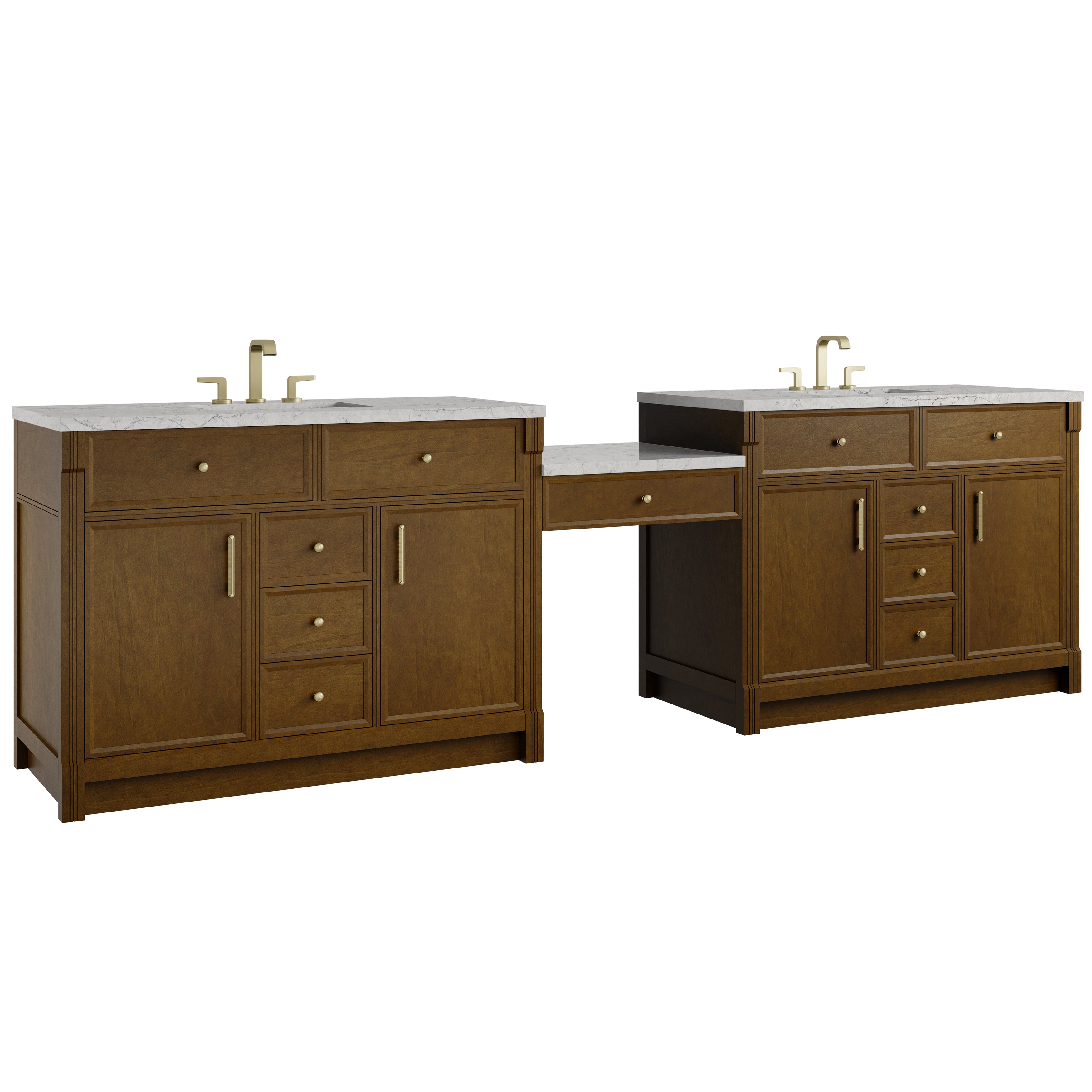 James Martin Bellshire 120" Dual Vanity Set with 24" Make-Up Counter in Honey Oak with 3cm Countertop and FreePower Wireless Charger