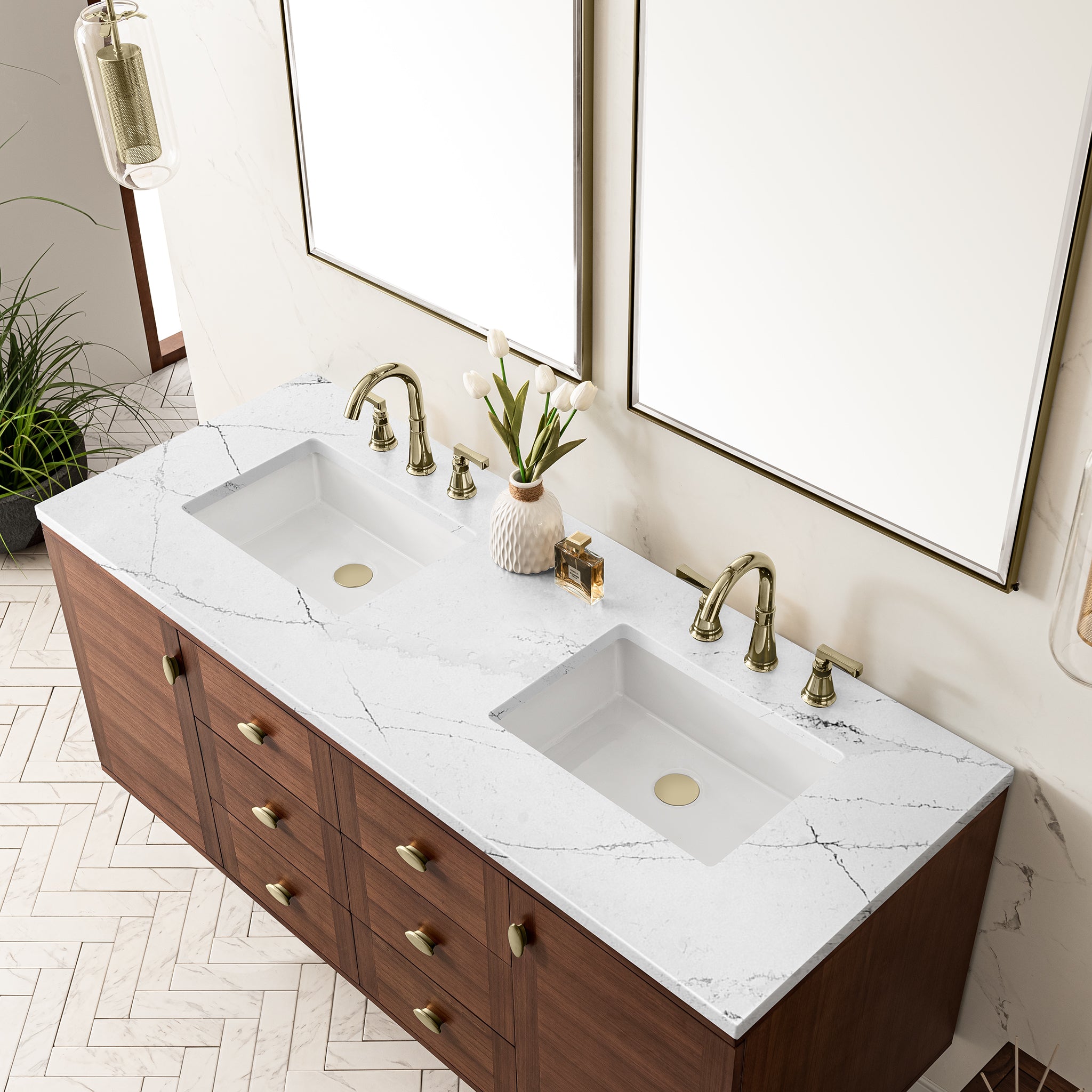 James Martin Amberly 60" Double Vanity in Mid-Century Walnut with 3cm Countertop