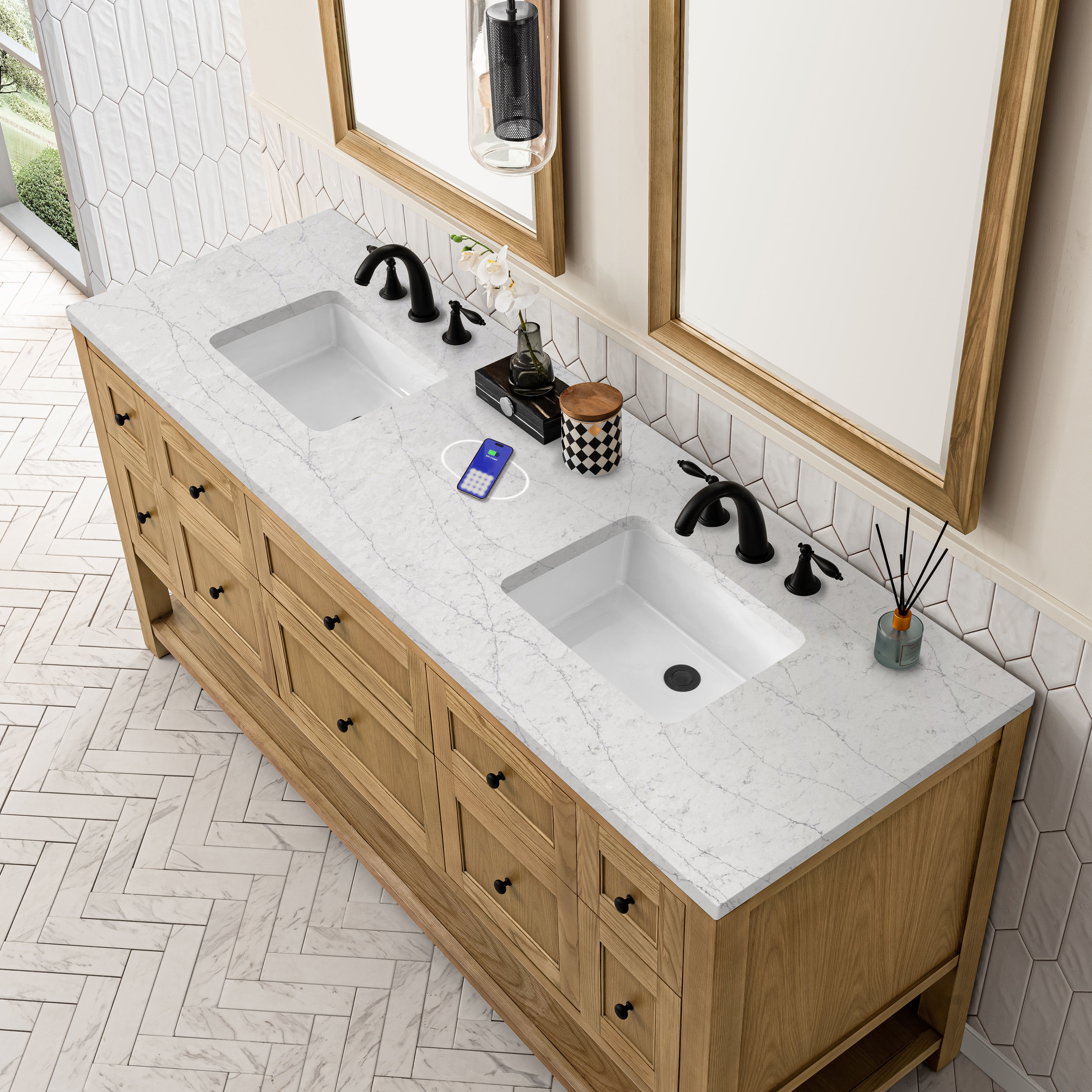 James Martin Breckenridge 72" Double Vanity in Light Natural Oak with 3cm Countertop and FreePower Wireless Charger
