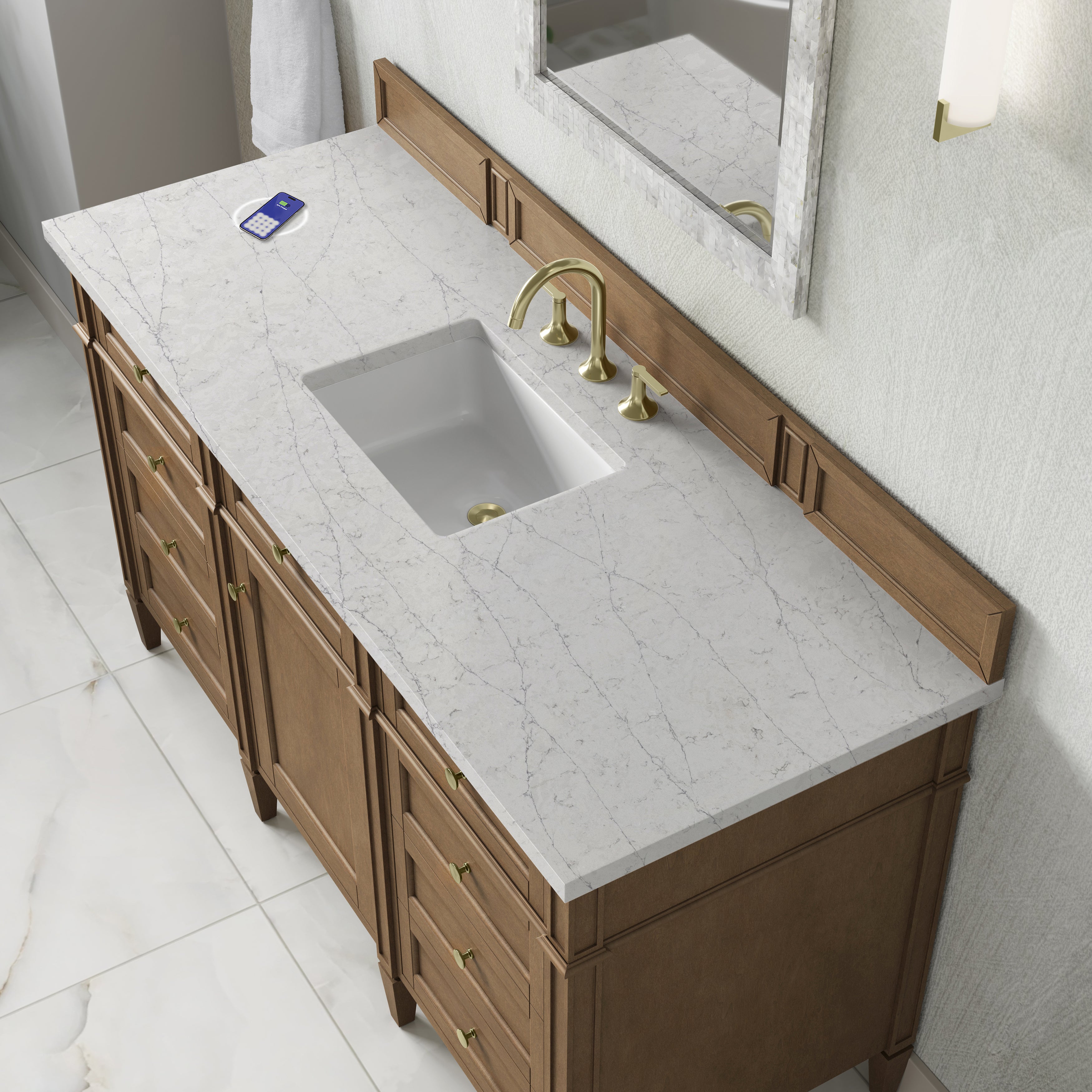 James Martin Brittany 60" Single Vanity in Pecan with 3cm Countertop and FreePower Wireless Charger