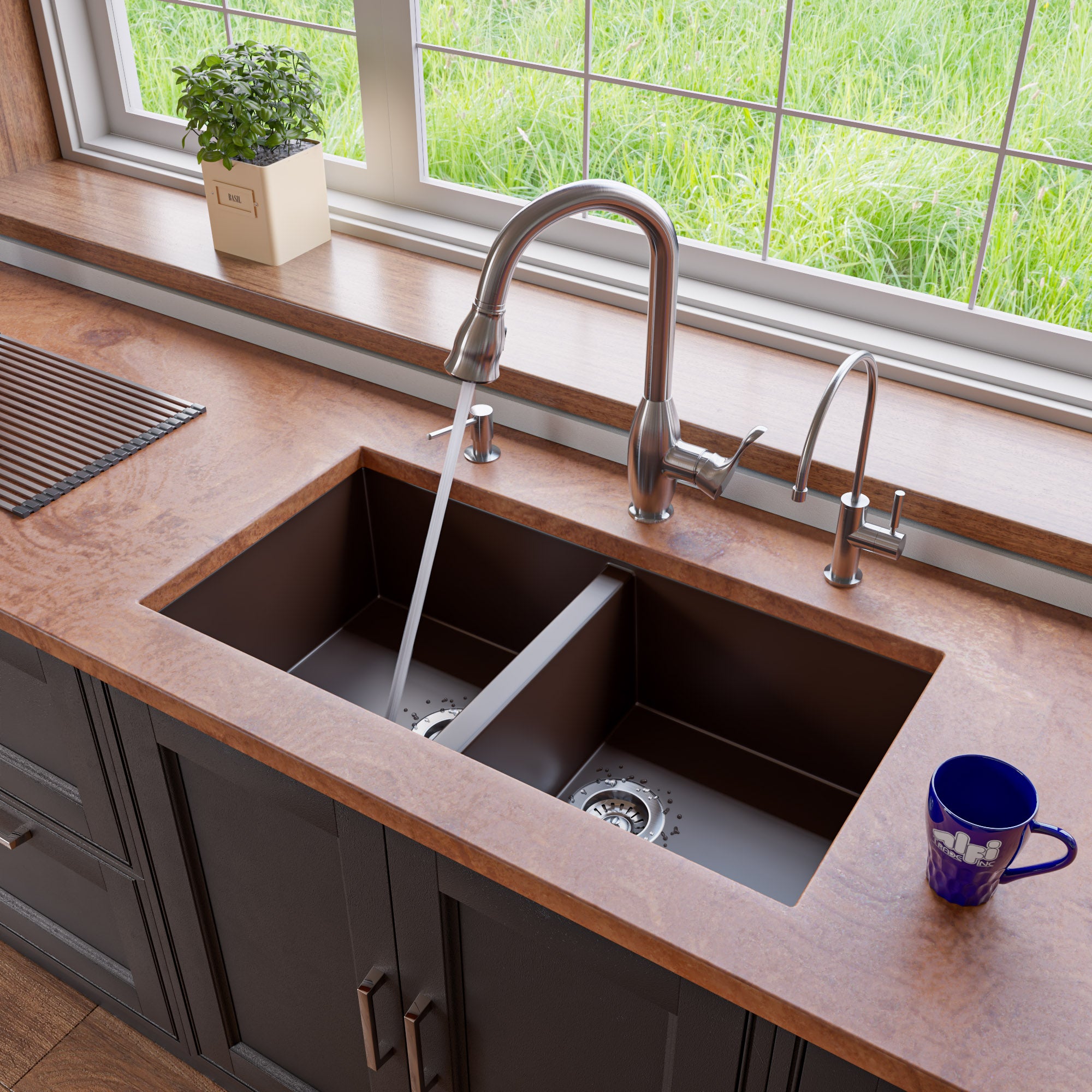 ALFI brand AB3420UM 34" Undermount Double Bowl Granite Composite Kitchen Sink