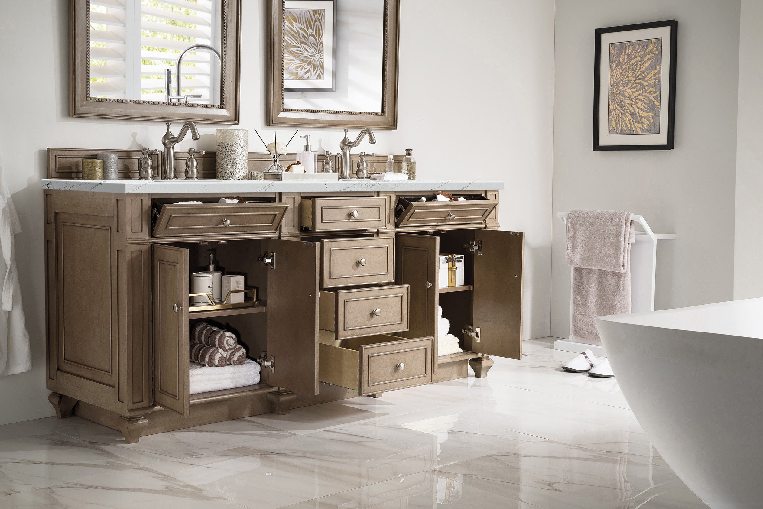 James Martin Bristol 72" Double Vanity in Whitewashed Walnut with 3cm Countertop