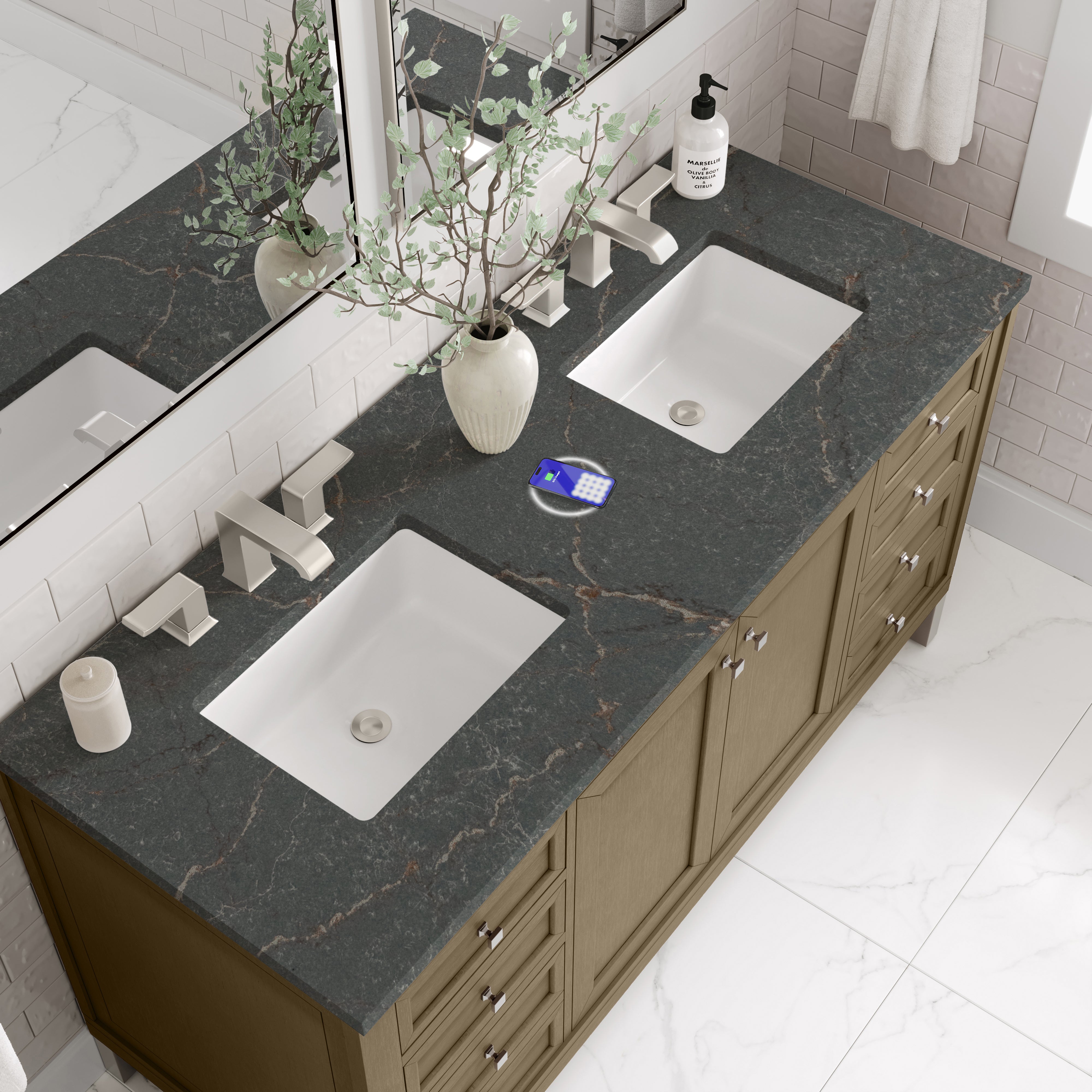 James Martin Chicago 60" Double Vanity in Walnut Whisper with 3cm Countertop and FreePower Wireless Charger